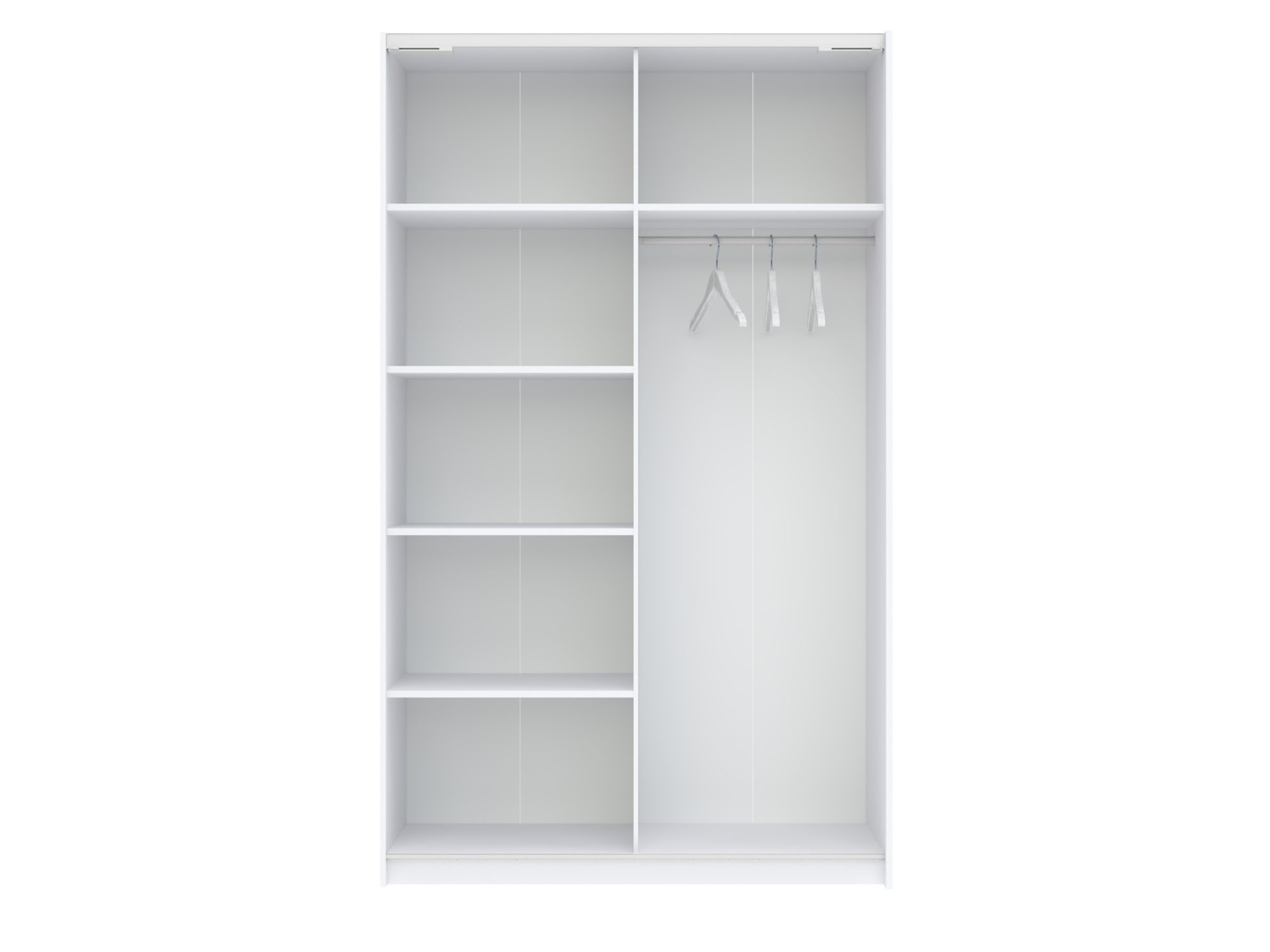 Kleiderschrank Breviano 122 cm Weiß und Creme – Innenansicht mit Einlegeböden und Kleiderstange
