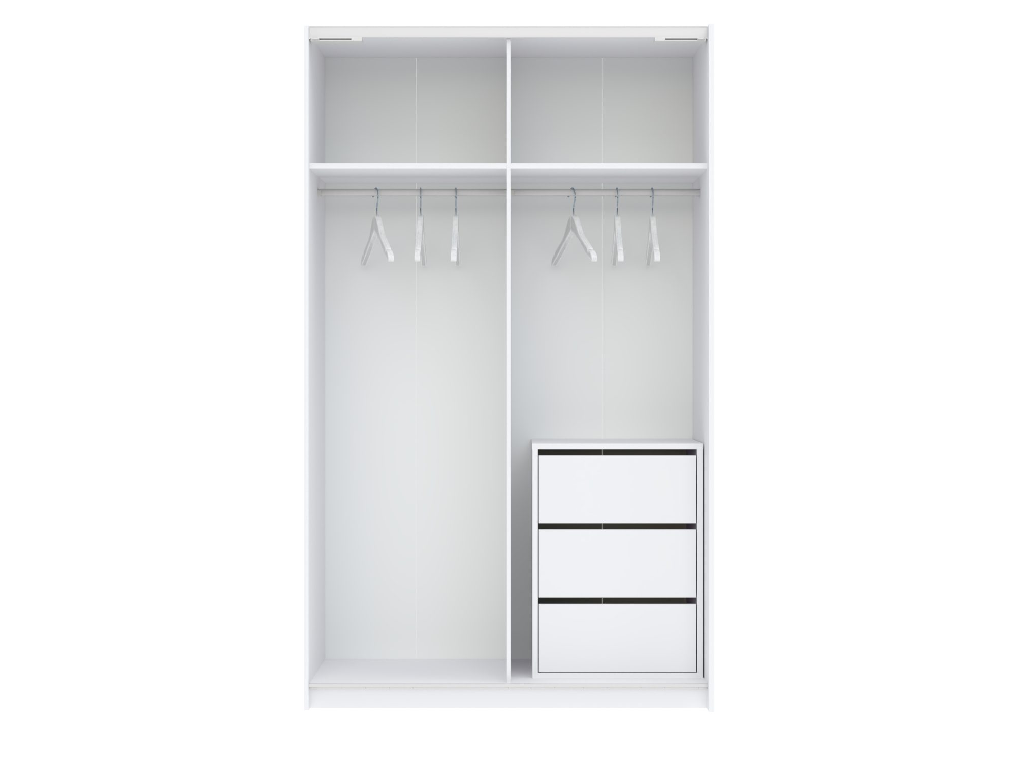 Kleiderschrank Breviano 122 cm Weiß und Creme – Innenansicht mit Kleiderstangen und 3 Schubladen