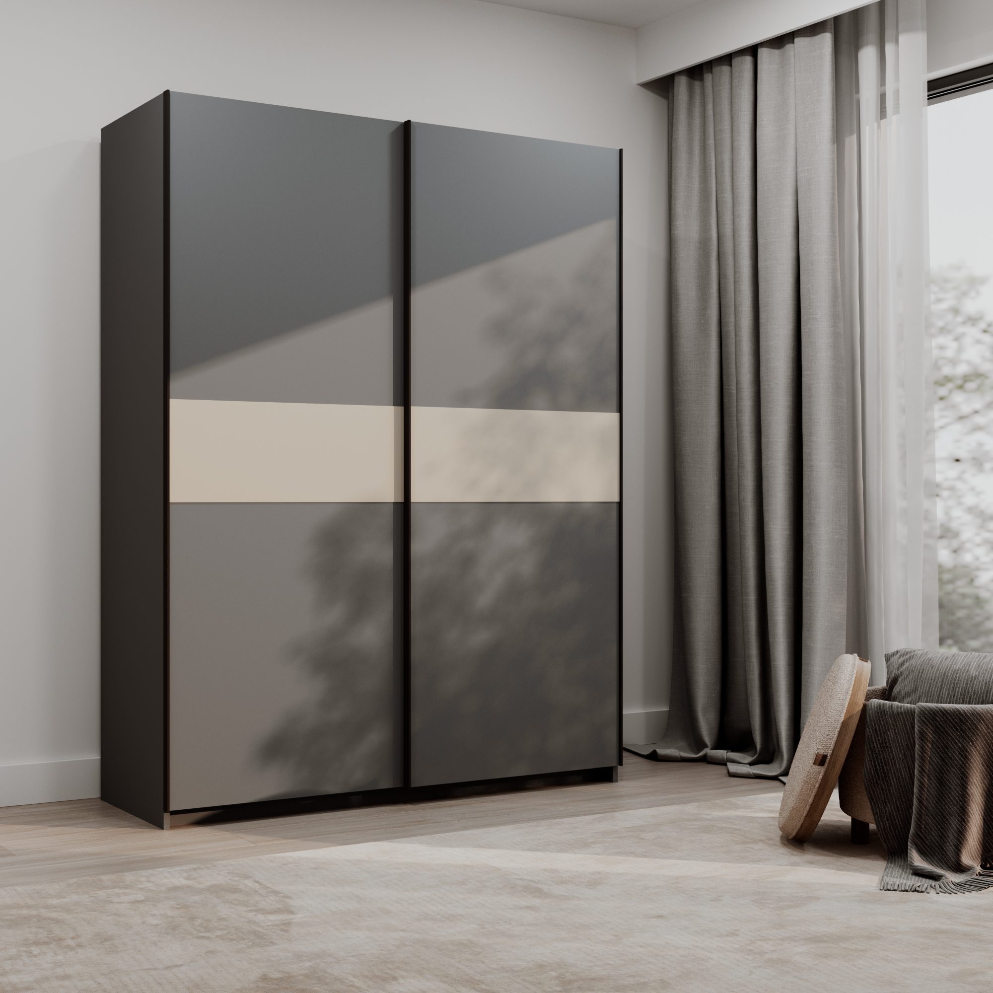 Kleiderschrank Breviano 151 cm in Anthrazit und Kaschmir mit geschlossenen Türen im Schlafzimmer