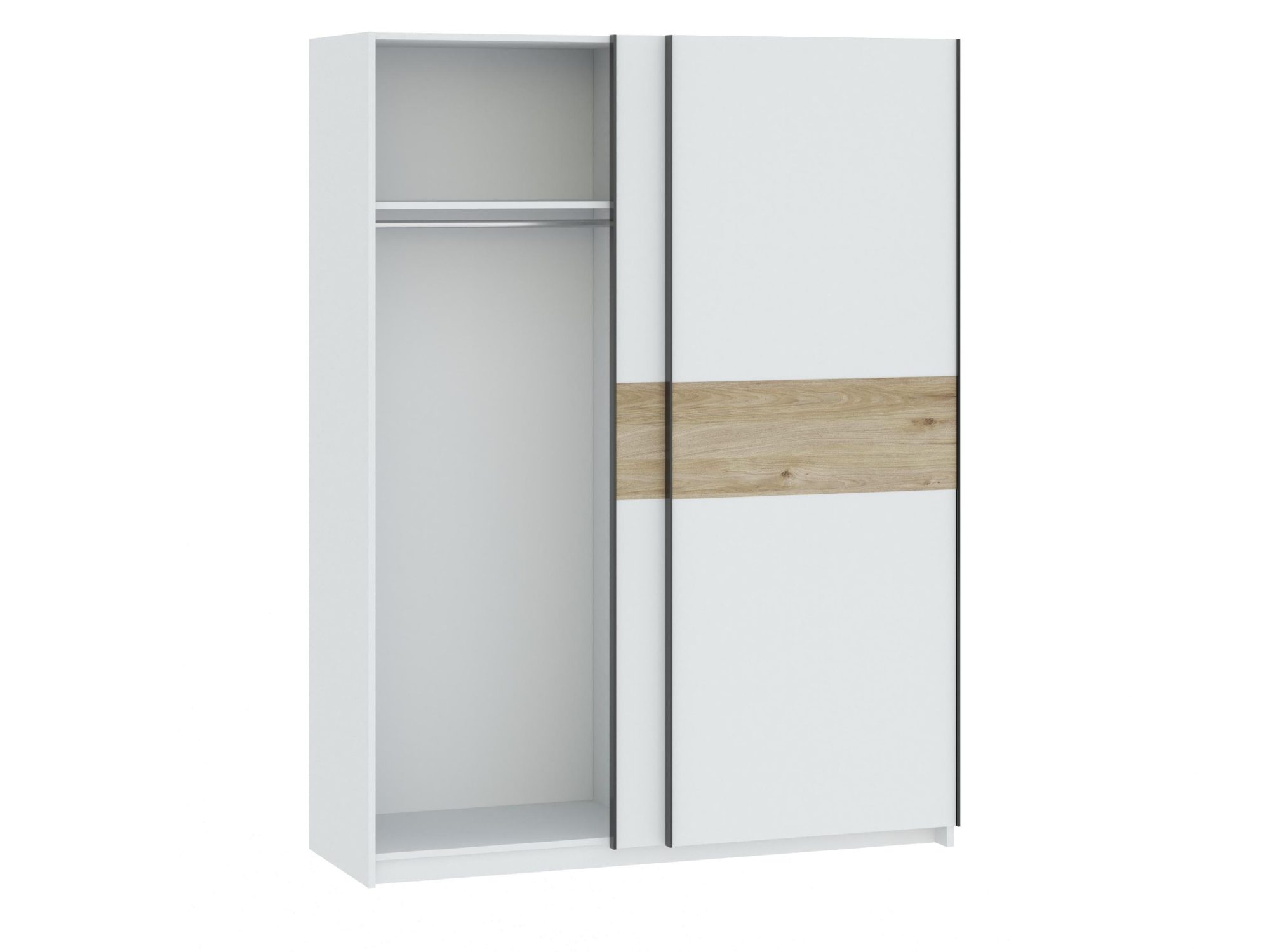 Schrank Breviano 151 cm Weiß mit Hickory Jackson – linke Tür geöffnet, Blick auf Kleiderstange