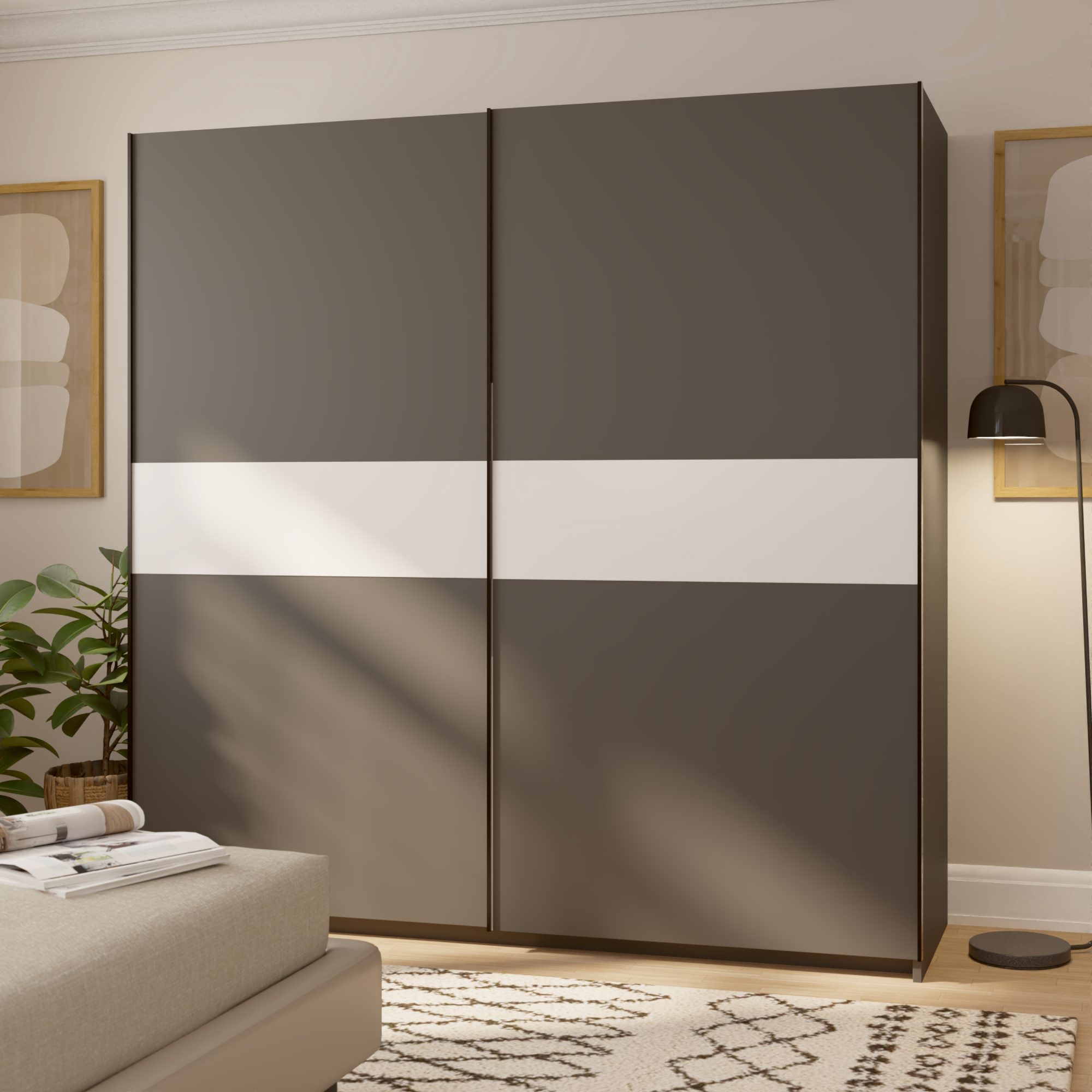 Kleiderschrank Breviano 200 cm Anthrazit und Weiß im Schlafzimmer-Arrangement mit Lampe