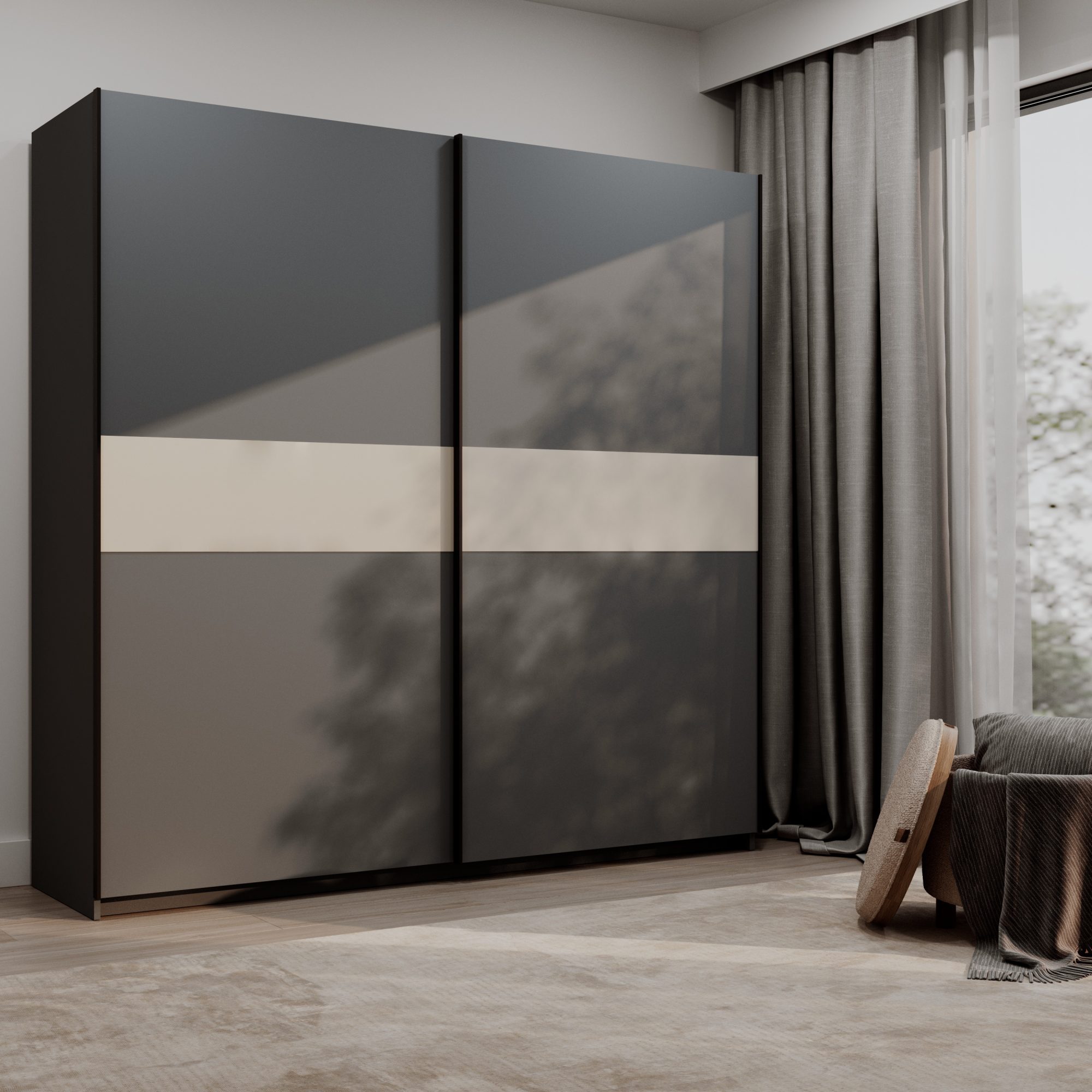 Kleiderschrank Breviano 200 cm Anthrazit und Kaschmir im Schlafzimmer-Arrangement