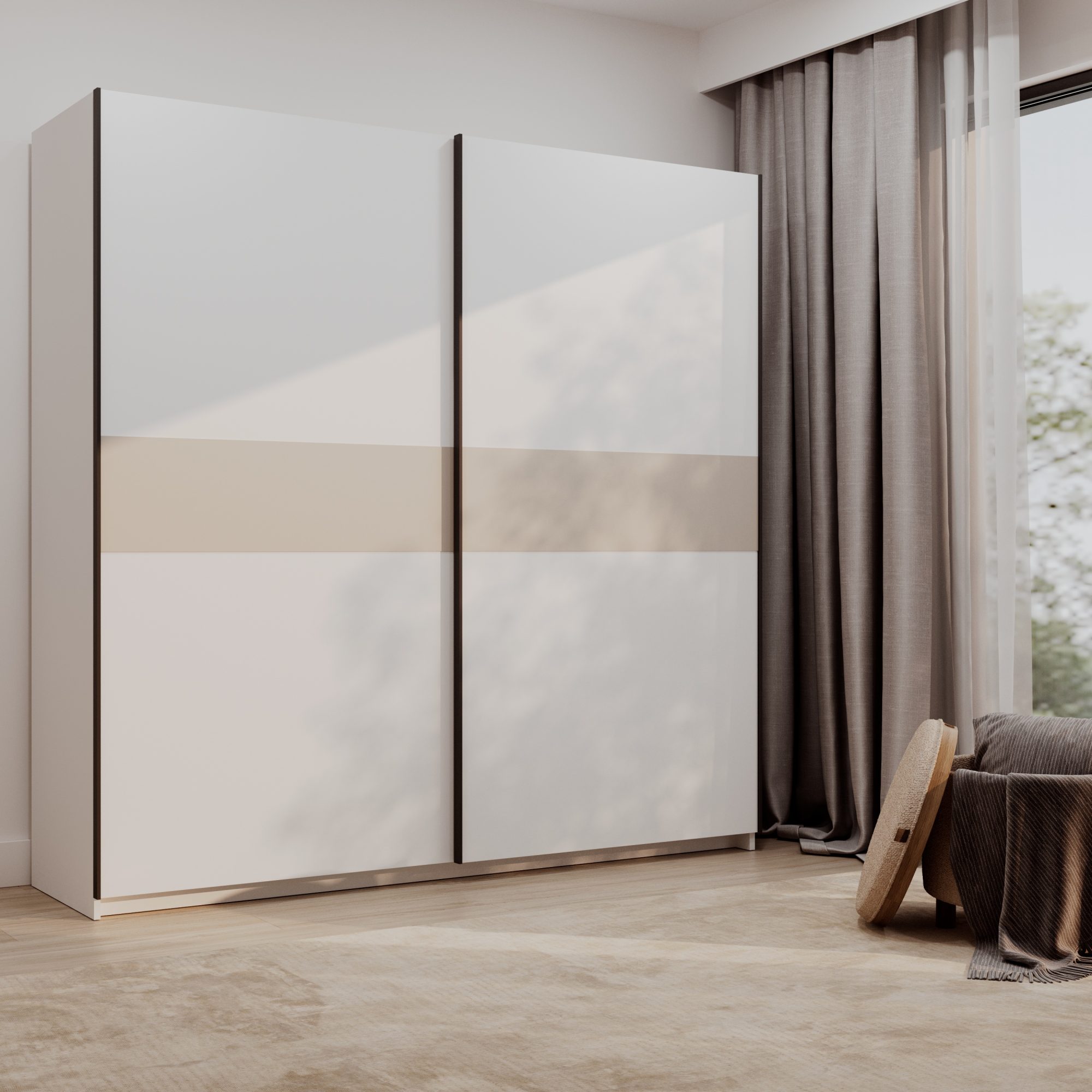 Kleiderschrank Breviano 200 cm Weiß und Creme im Schlafzimmer-Arrangement