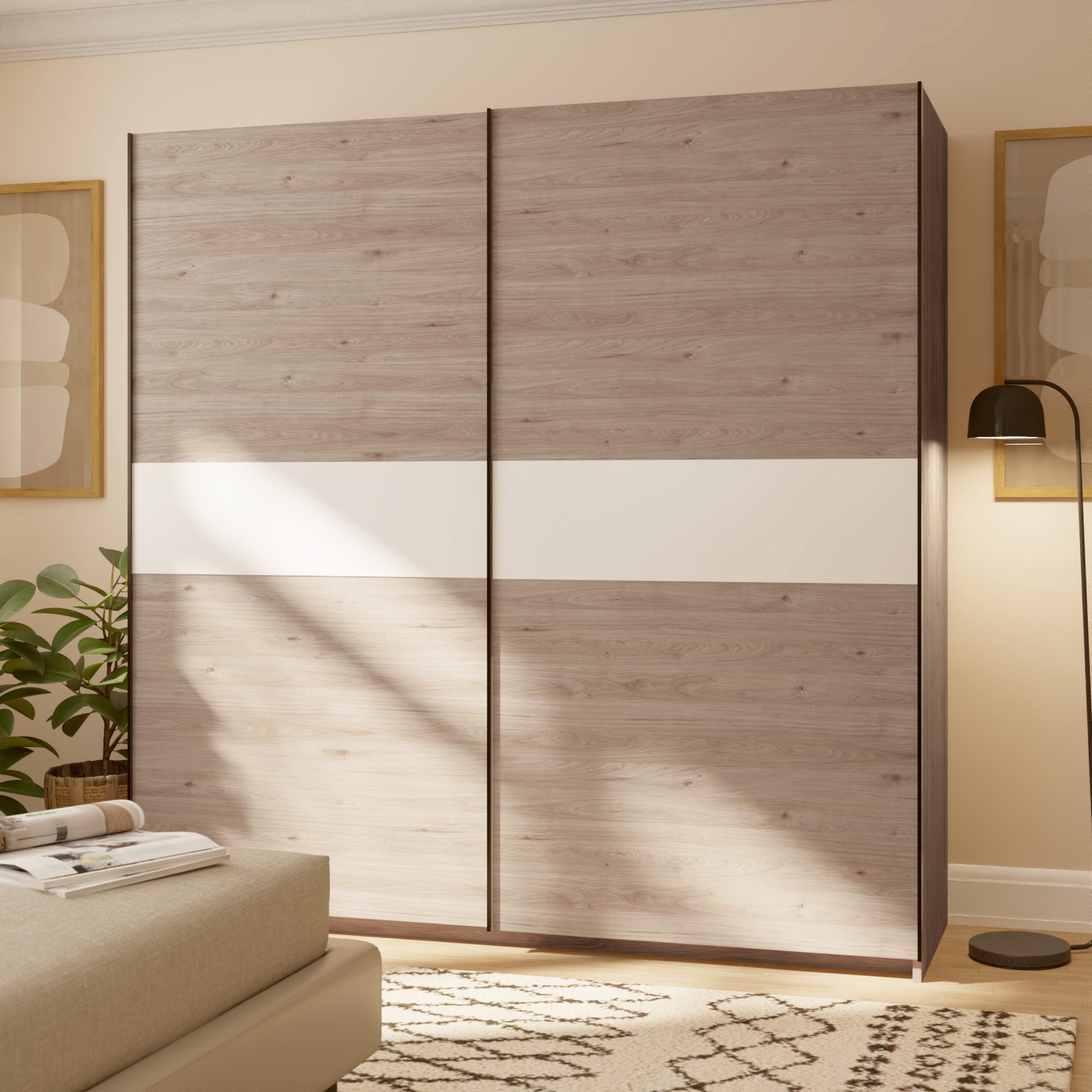 Kleiderschrank Breviano 200 cm Hickory Jackson und Weiß – Schlafzimmer-Arrangement