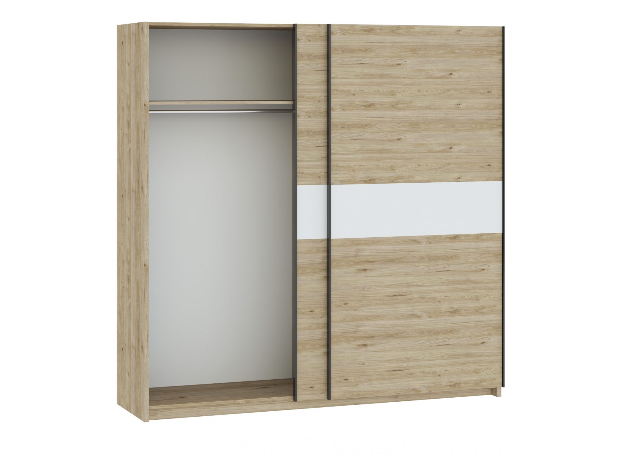 Kleiderschrank Breviano 200 cm Hickory Jackson und Weiß – geöffnete linke Tür mit Kleiderstange