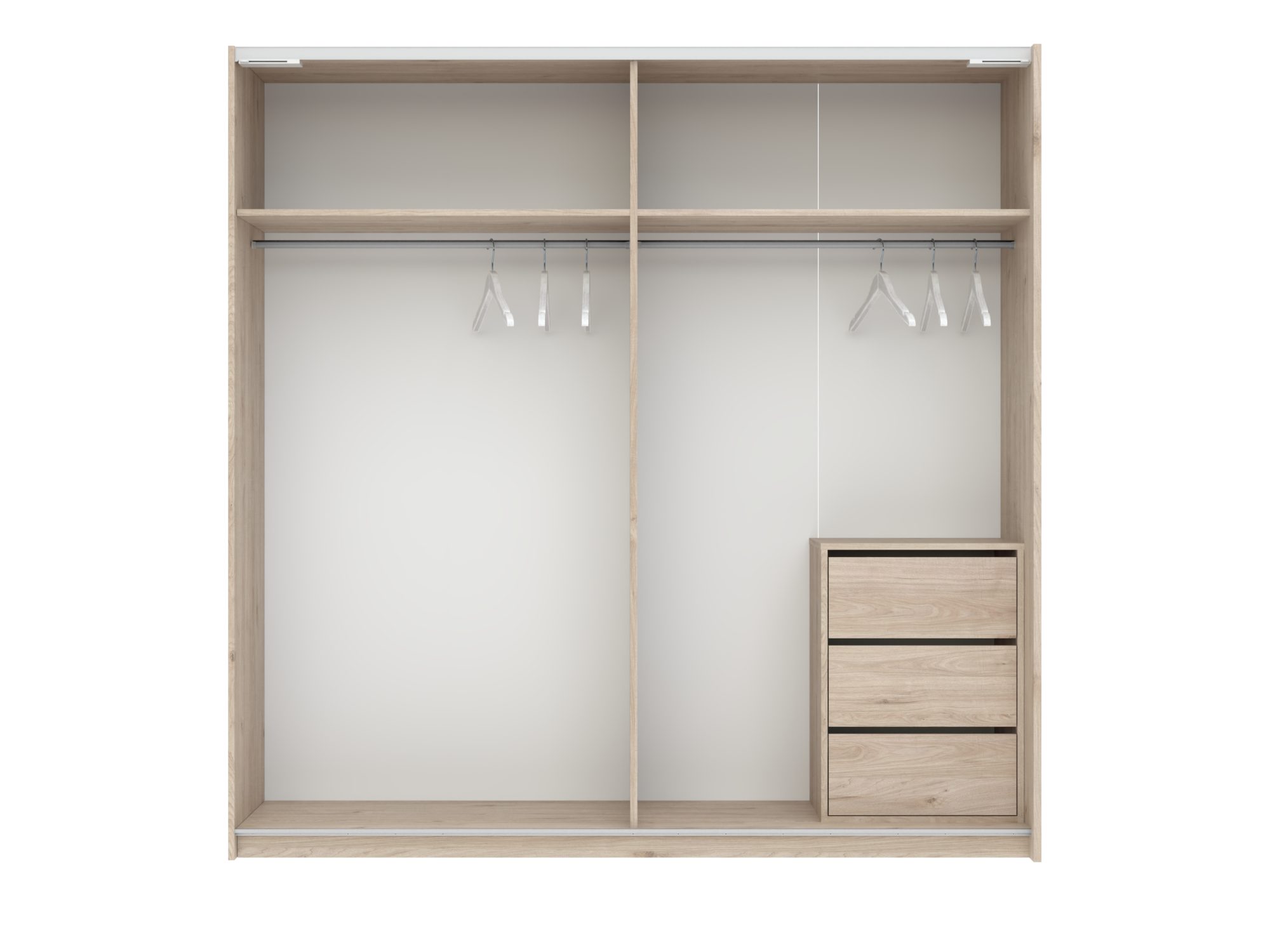 Kleiderschrank Breviano 200 cm Hickory Jackson und Kaschmir – Innenansicht mit drei Schubladen