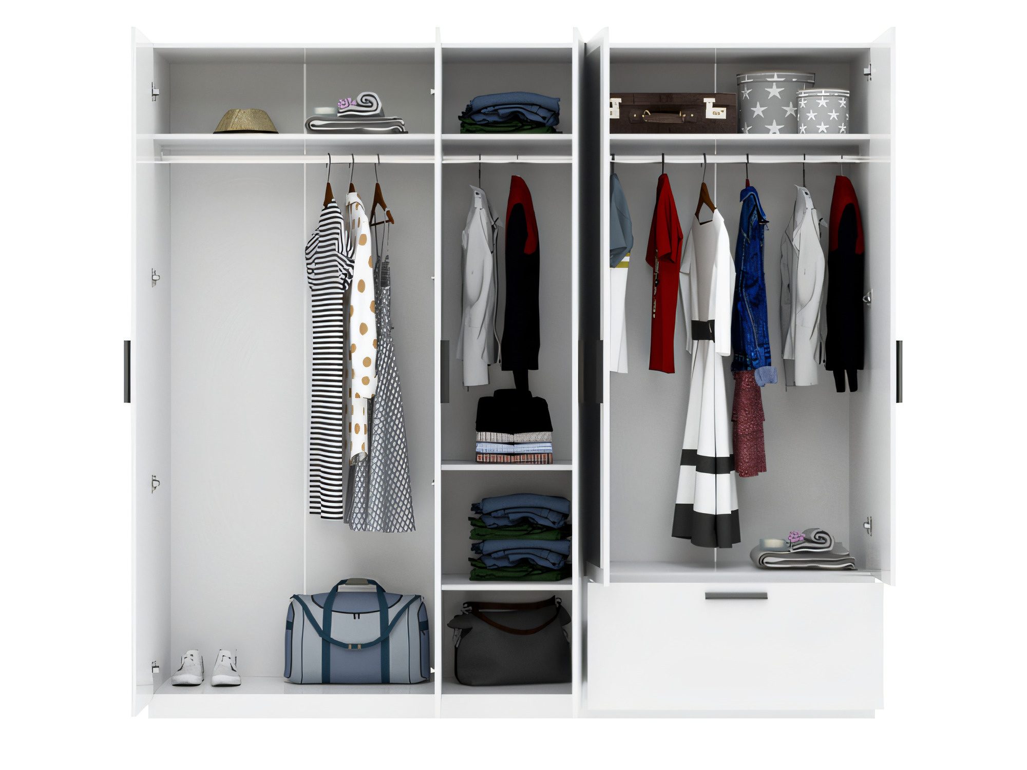 Weißer Kleiderschrank Litano 225 cm mit Einlegeböden und Kleiderstangen im Innenbereich