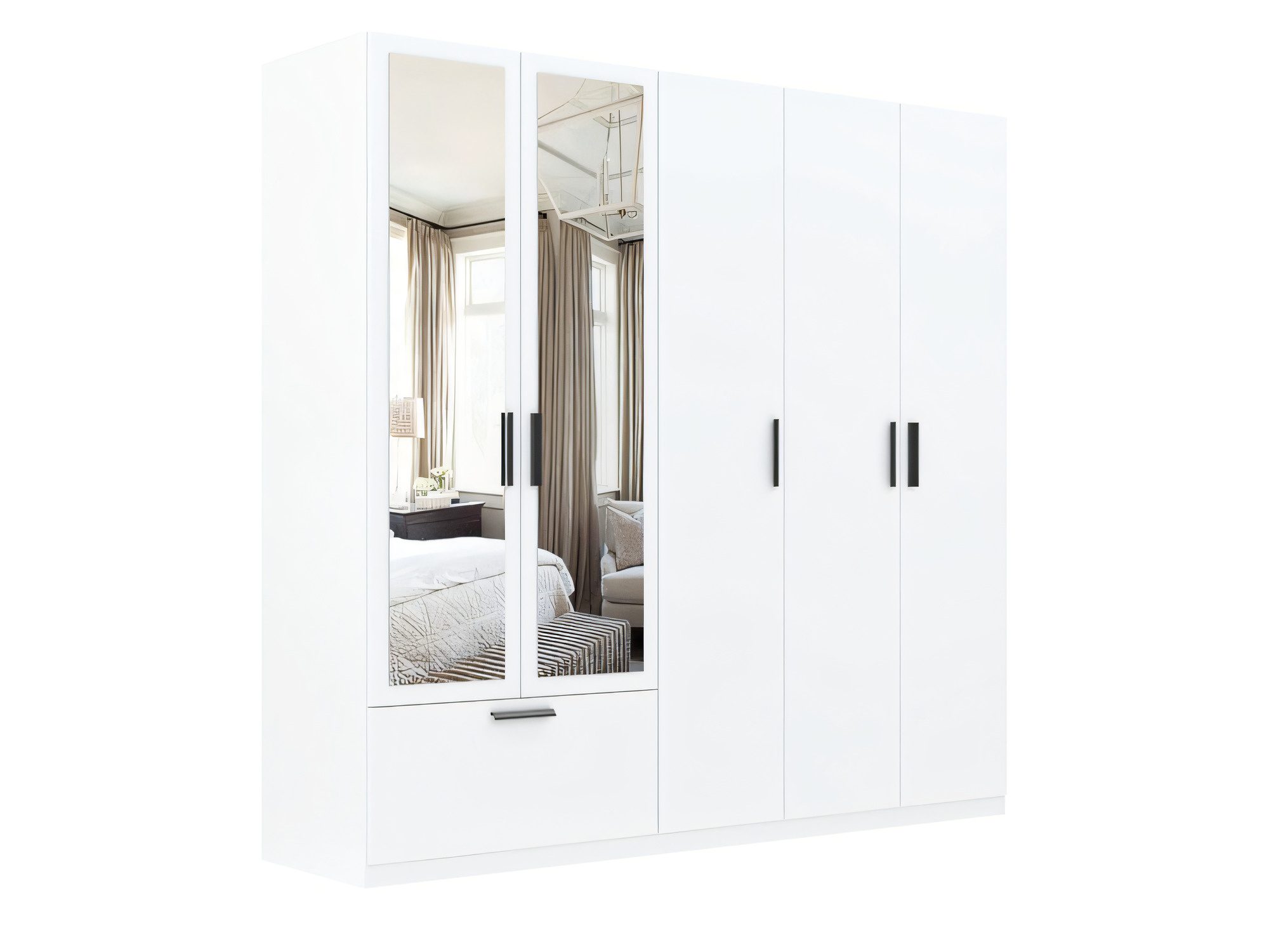 Kleiderschrank Litano 225 cm mit Spiegel, 5 Türen und 1 Schublade