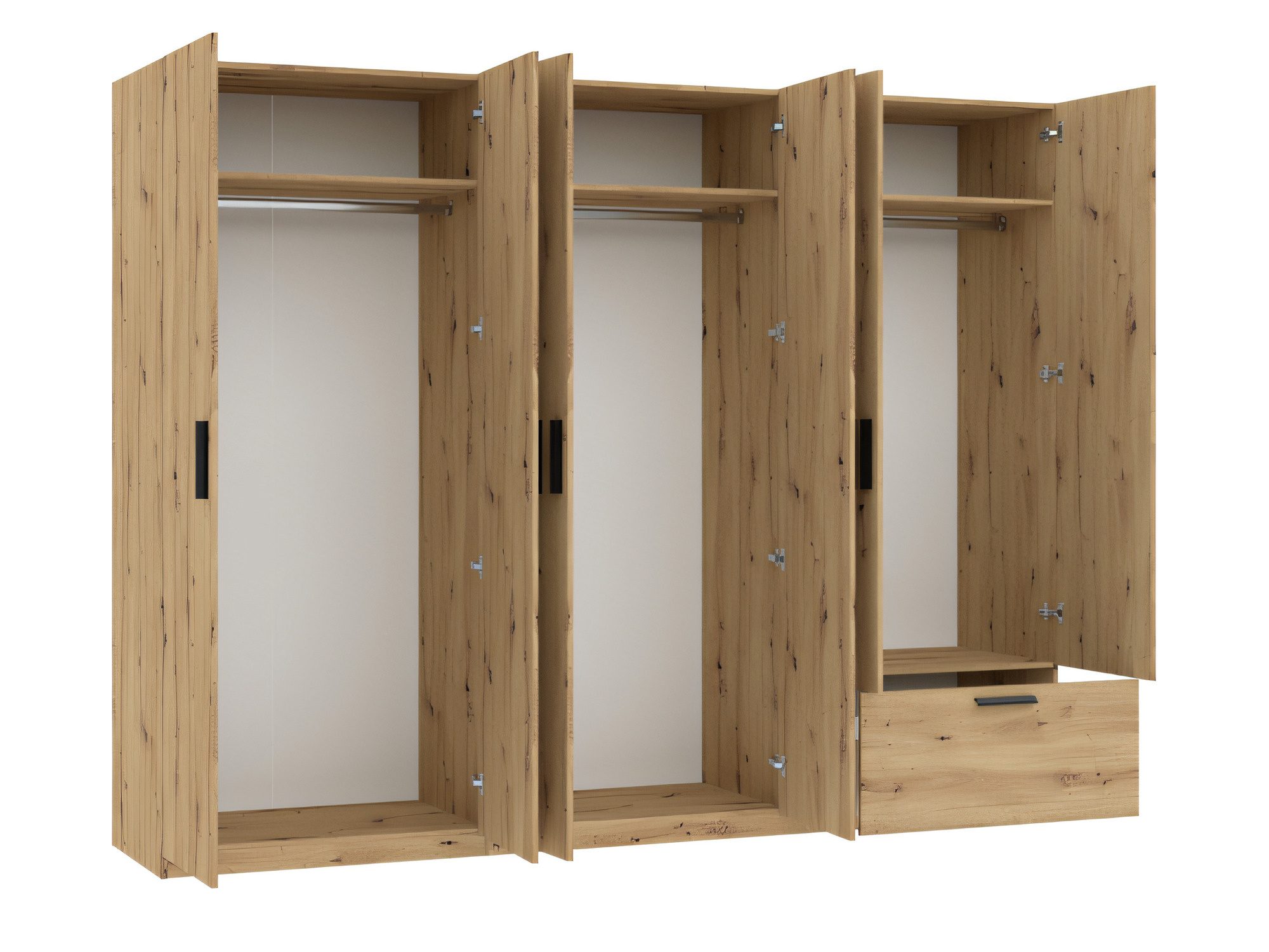 Kleiderschrank Litano 270 cm in Artisan Eiche mit geöffneten Türen und sichtbarem Innenraum