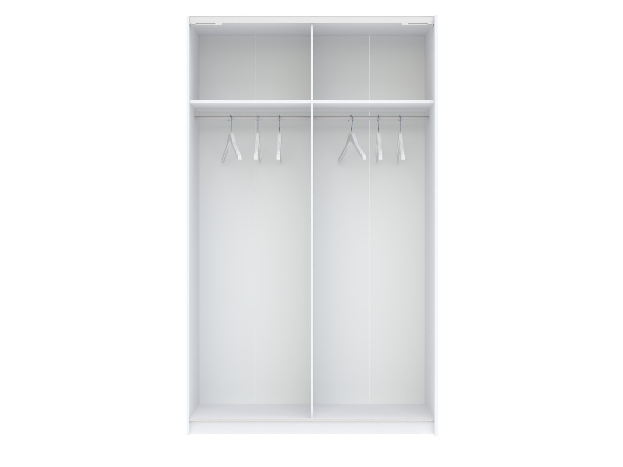 Schiebetürenschrank Breviano 122 cm Kaschmir und Weiß Hochglanz, geöffnete Innenansicht