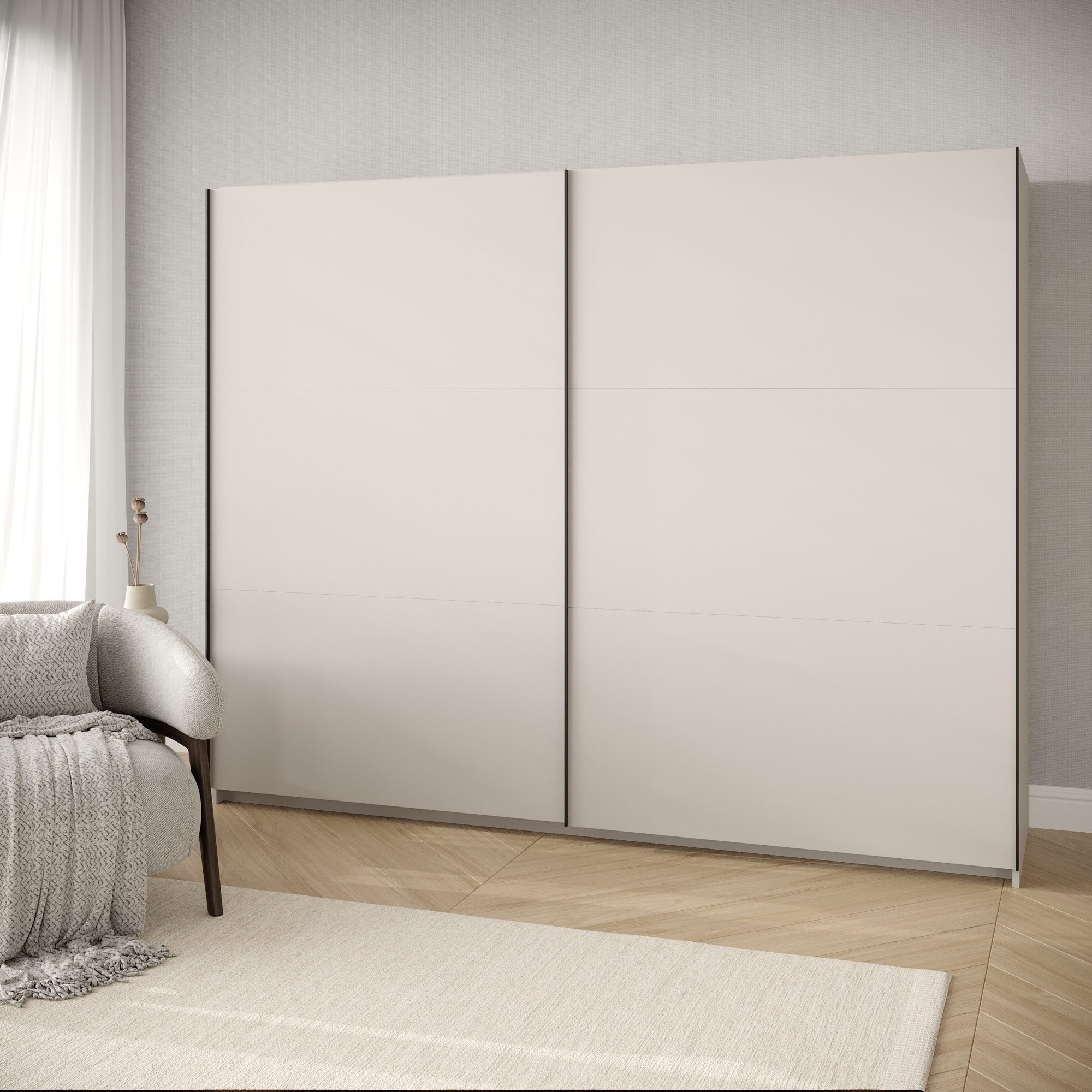 Schiebetürenschrank Norvian 228 cm Kaschmir im Schlafzimmer-Arrangement
