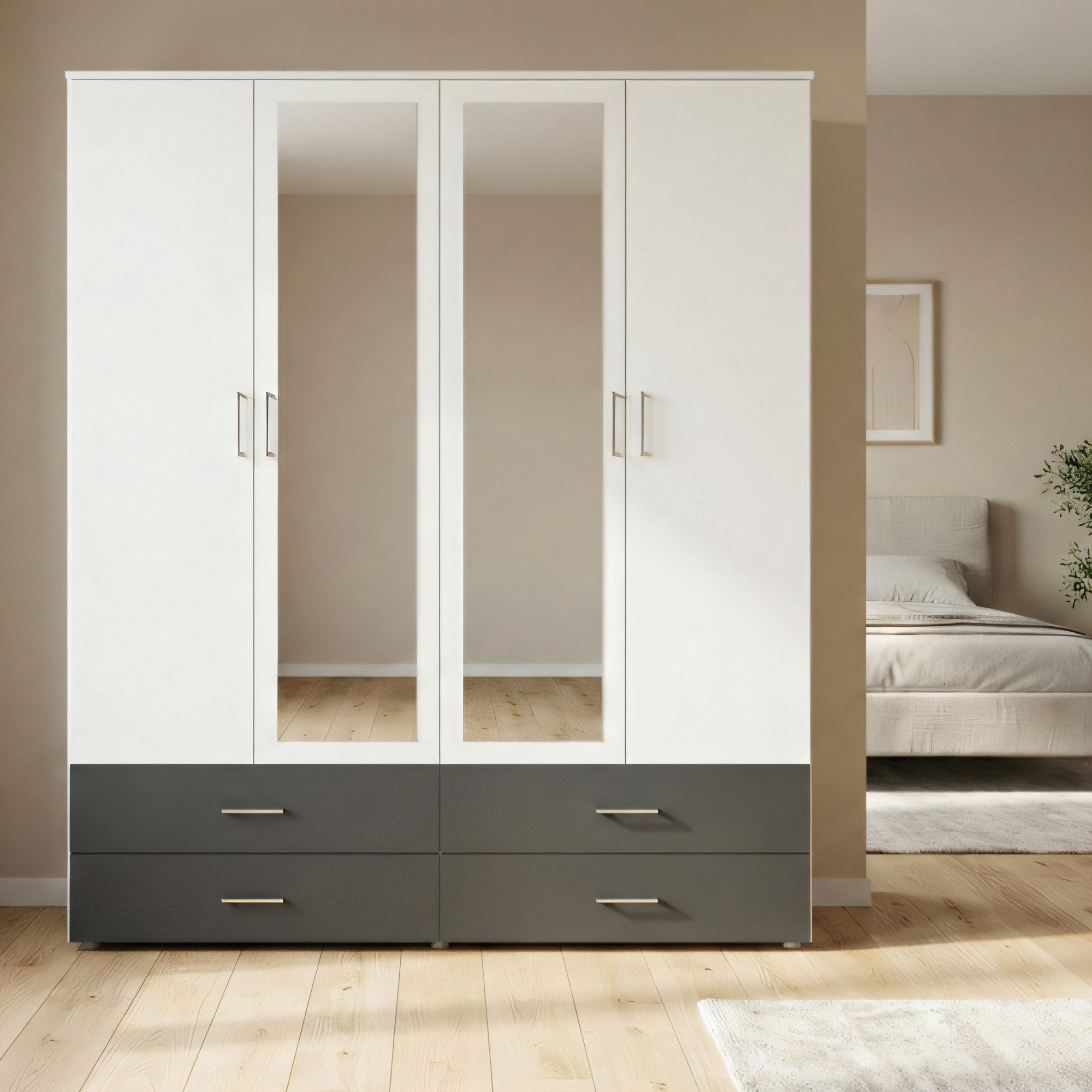 Kleiderschrank Racero 168 cm Weiß Hochglanz und Anthrazit im Schlafzimmerambiente