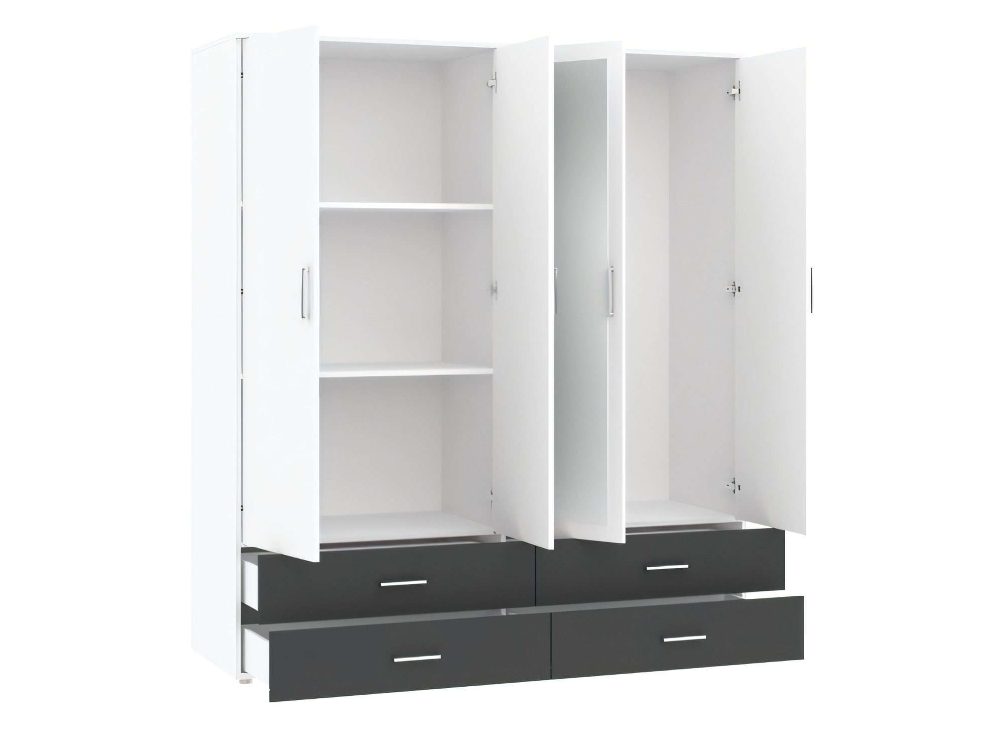 Kleiderschrank Racero 168 cm Weiß Hochglanz und Anthrazit mit offenen Türen und sichtbarem Innenraum