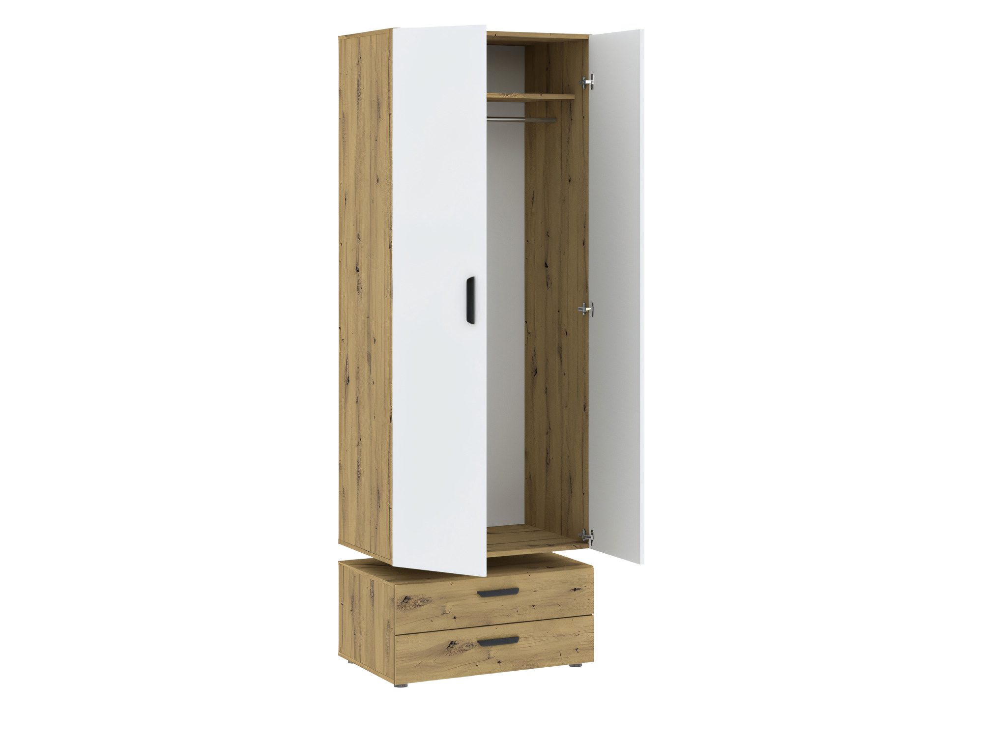 Šatní skříň Veldaro Duo 74 cm dub Artisan + bílá – otevřený vnitřní prostor a 2 zásuvky