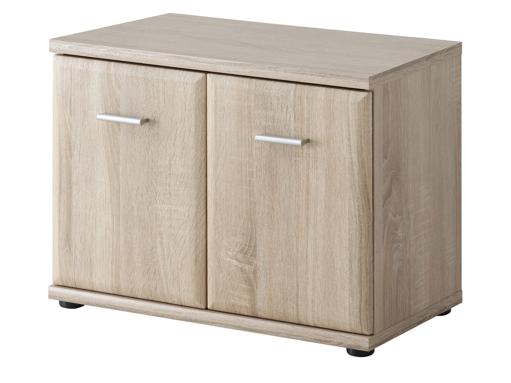 Hellbrauner Schrank mit zwei Türen und Metallgriffen