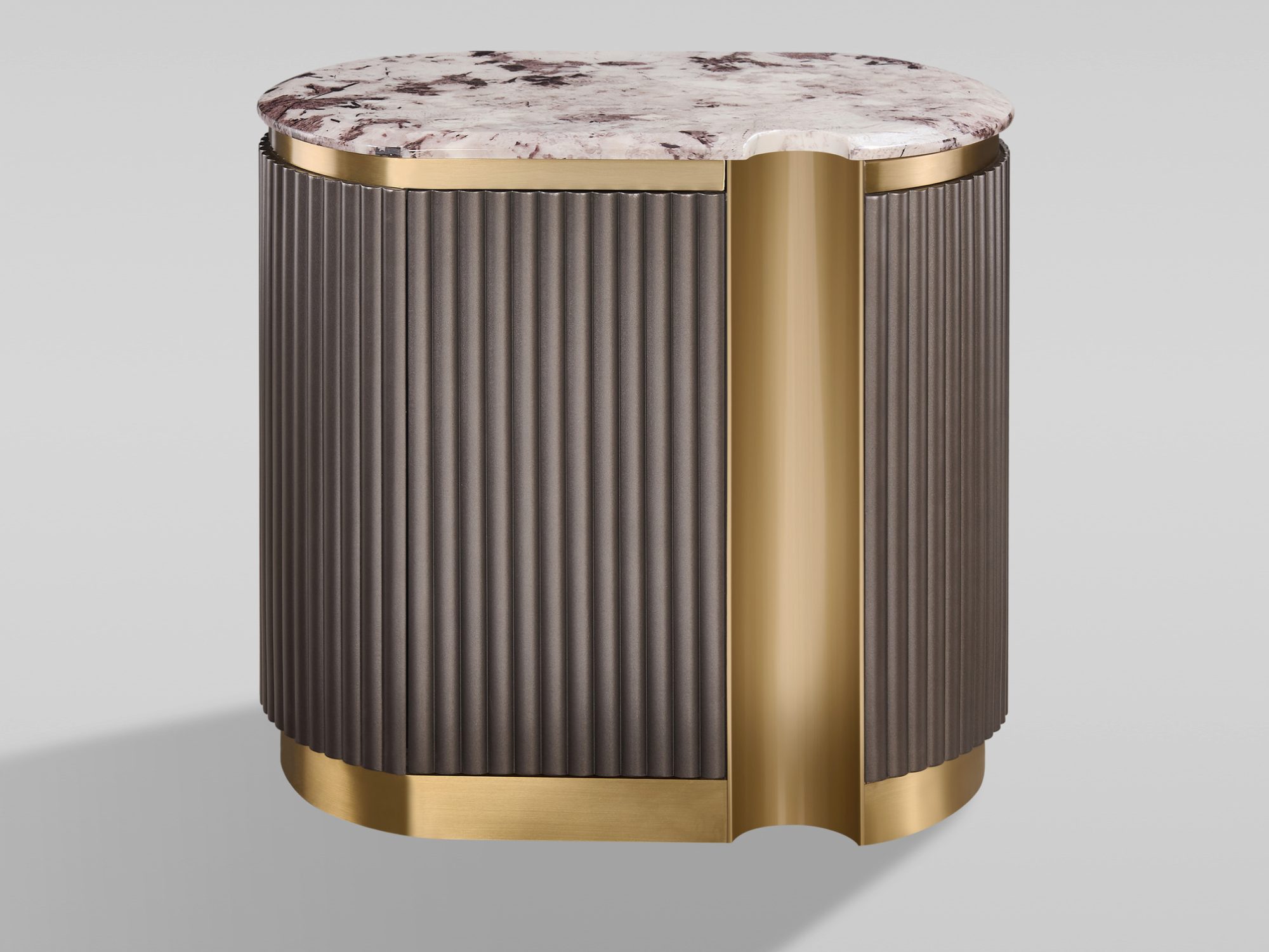 Eleganza Nachttisch rechts – geriffelte graphitbraune Front und goldener Sockel