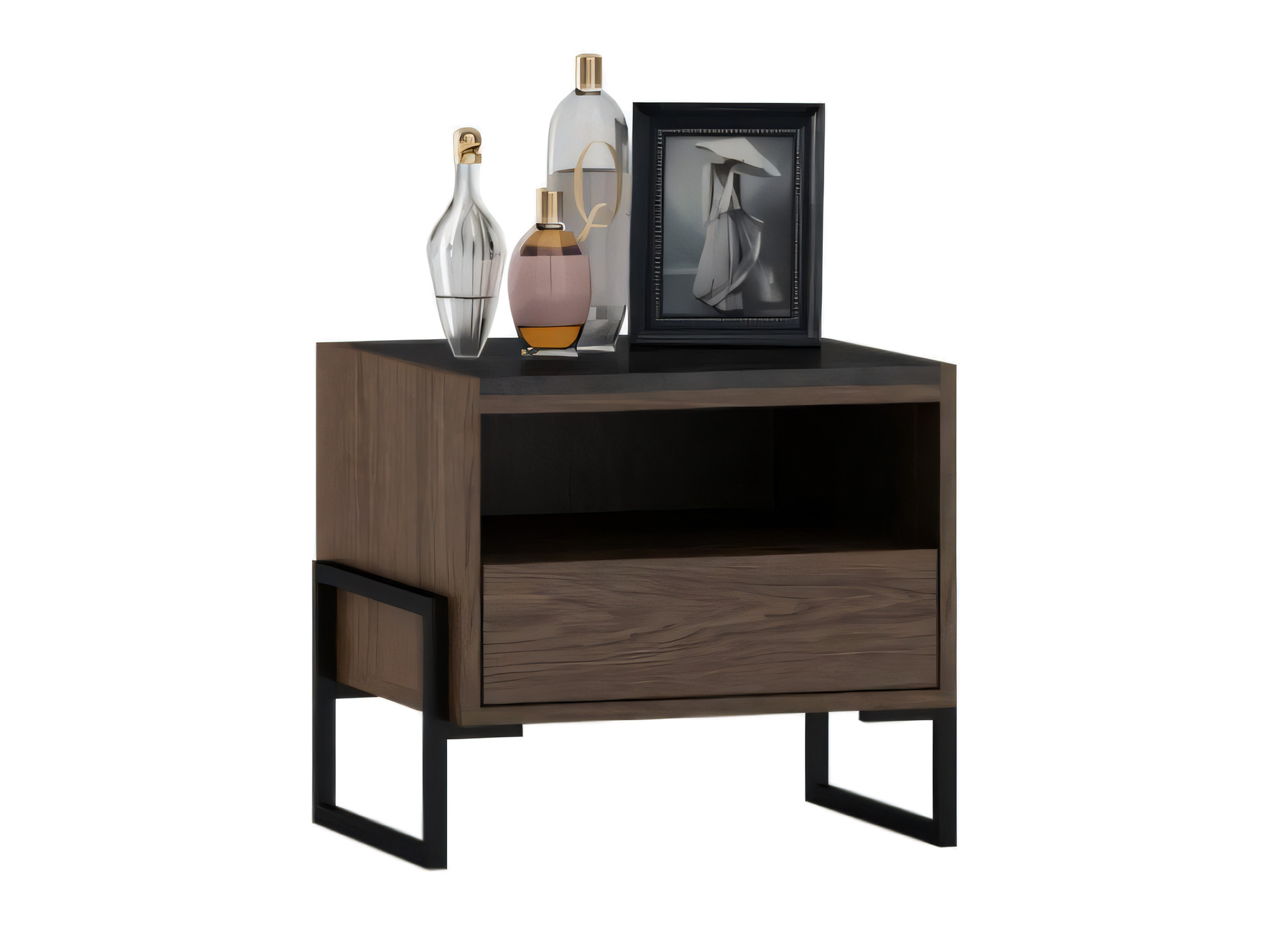 Nachttisch Giolani 60 cm mit offenem Fach, Schublade und schwarzen Metallbeinen auf weißem Hintergrund