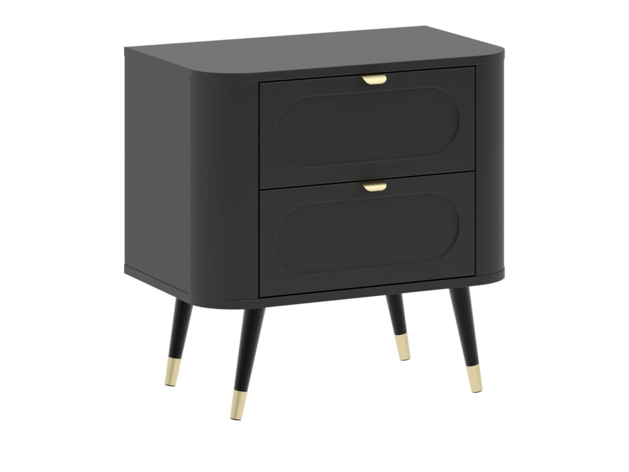 Nachttisch Lumaro 60 cm in Schwarz mit zwei Schubladen und goldenen Griffen