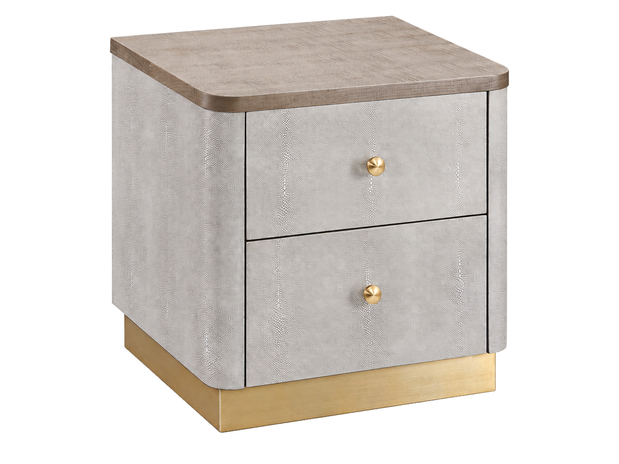 Noční stolek 55 cm Eleganza kašmír s texturou shagreen a deskou z šedého jasanu na bílém pozadí