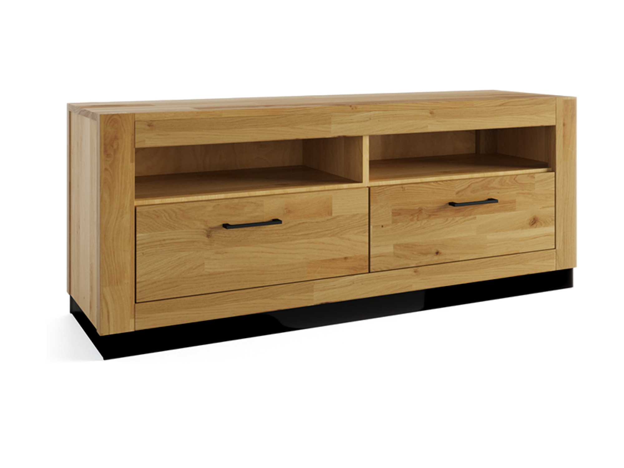 Dubový TV stolek Renvano 140 cm dub a černá – pohled na bílém pozadí