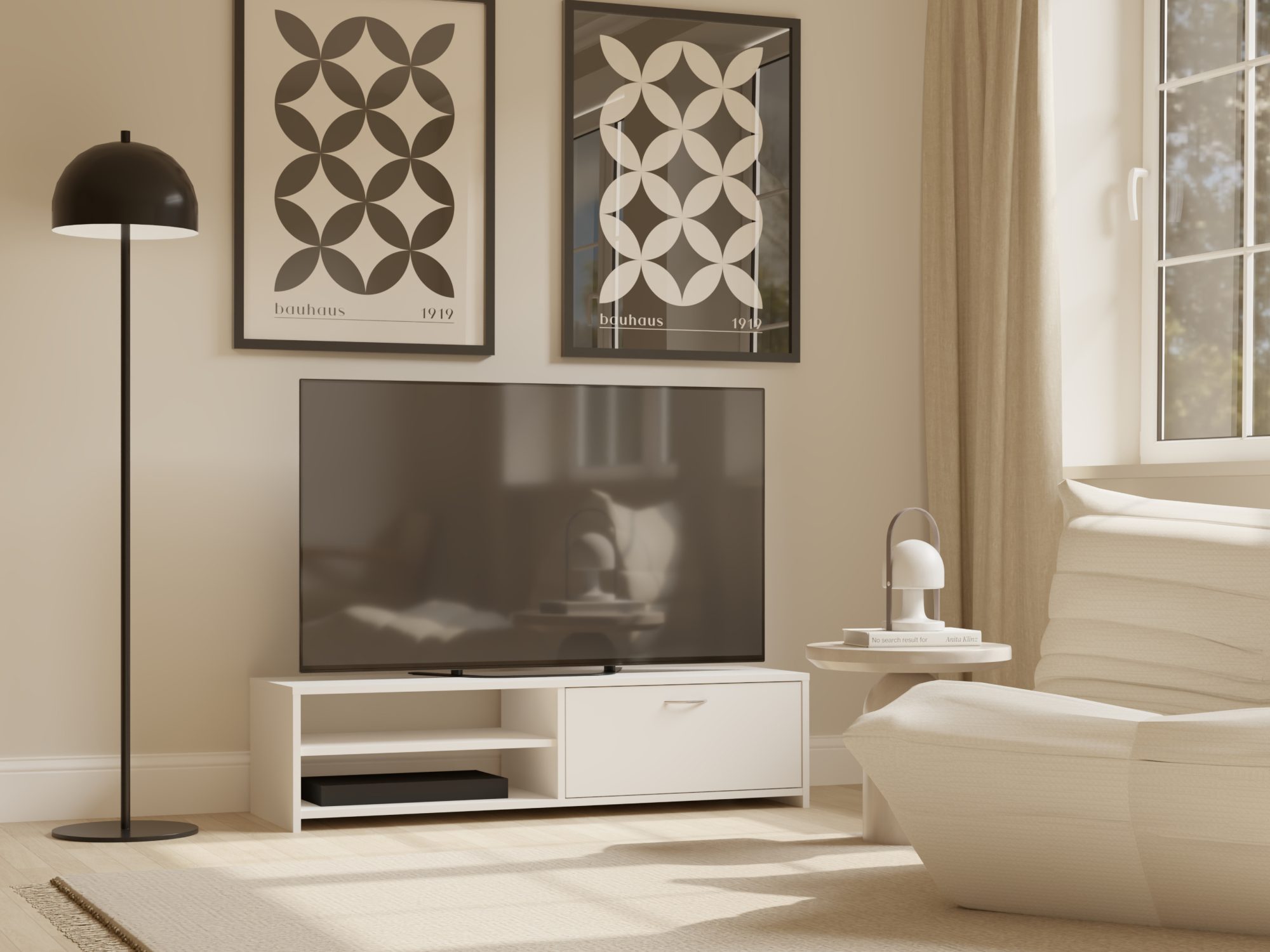 TV-Lowboard Domelio 120 cm weiß im Wohnzimmer-Ambiente