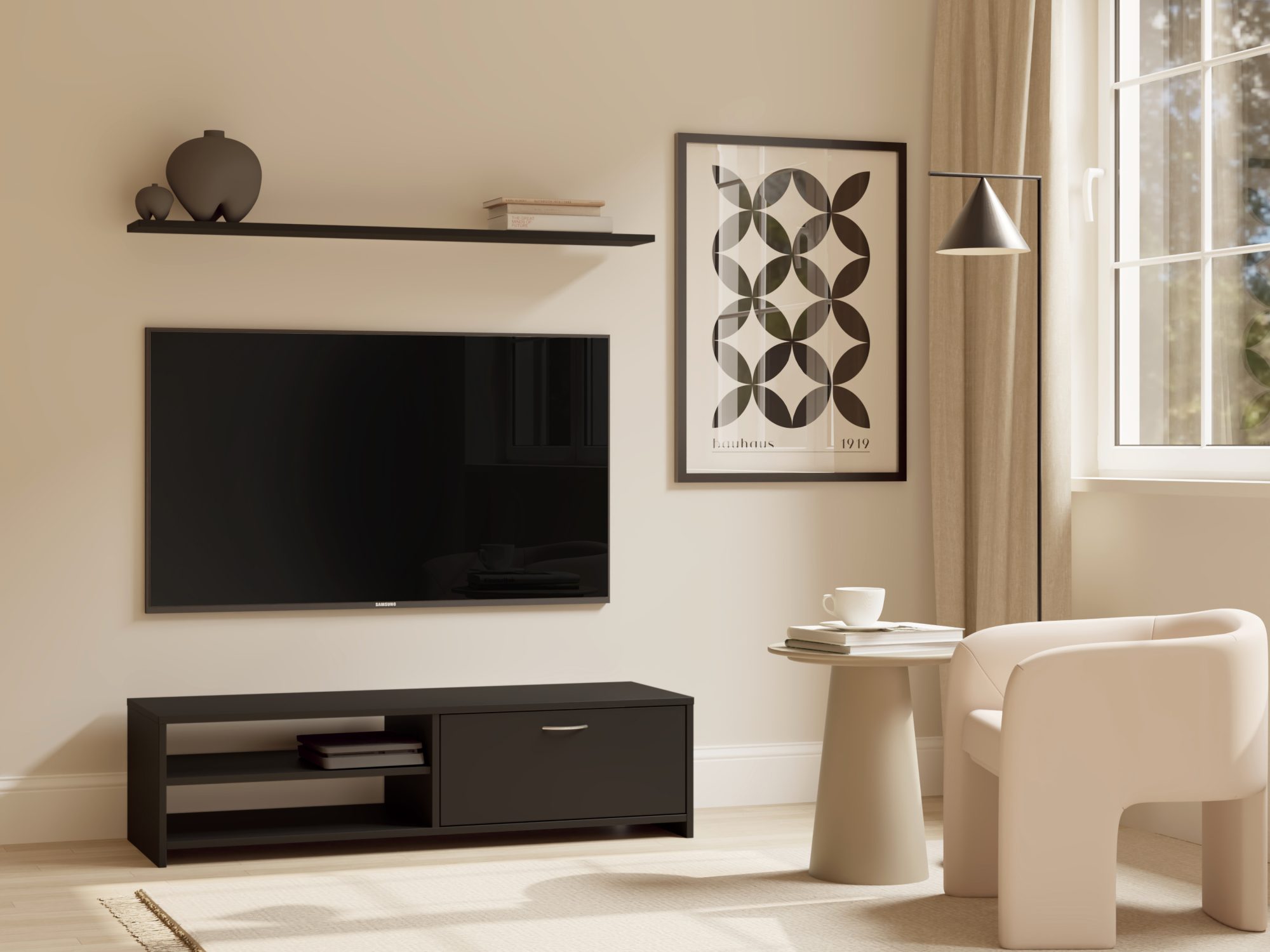 TV-Lowboard Domelio 120 cm schwarz im Wohnzimmer-Ambiente