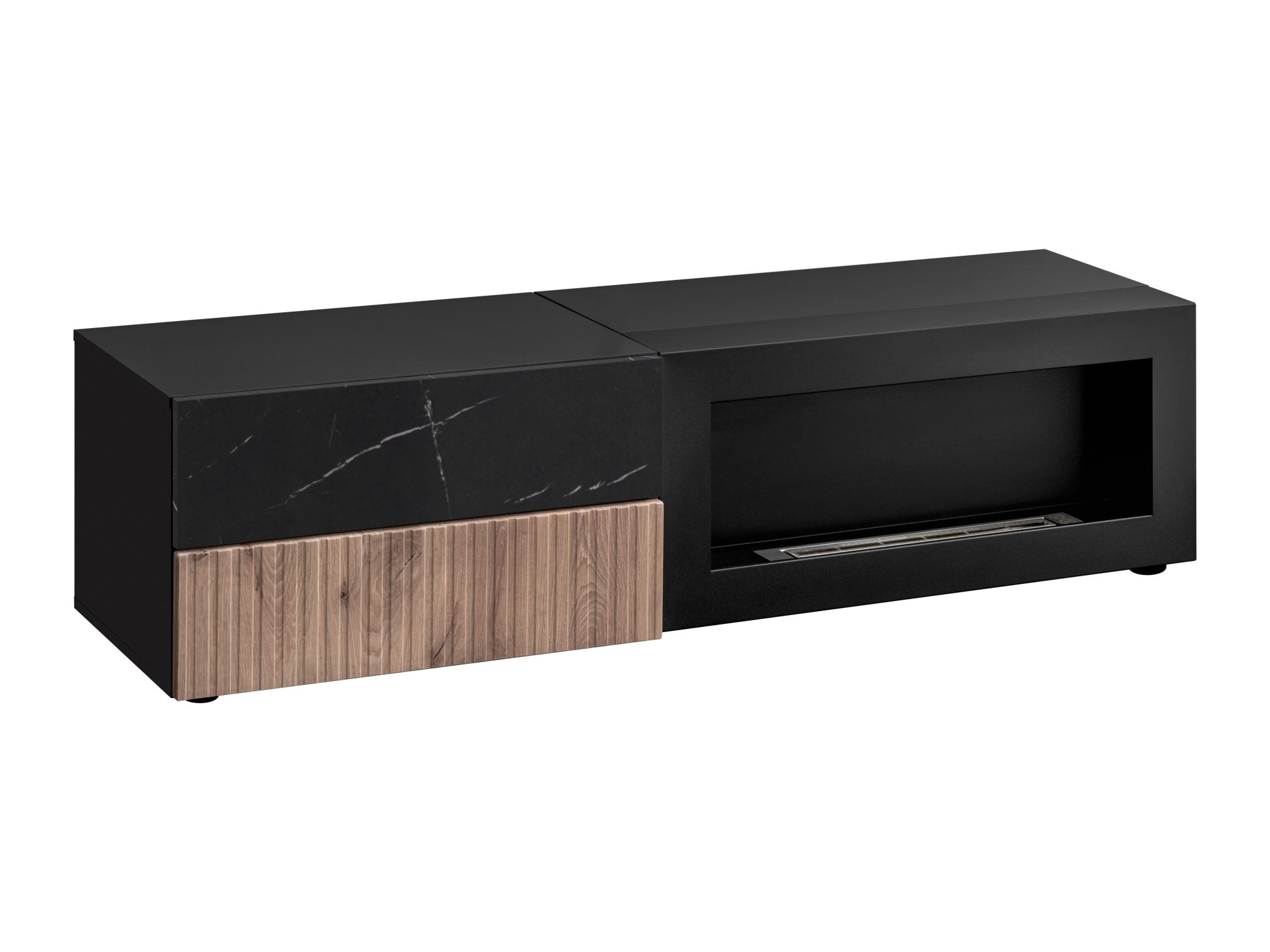TV-Lowboard mit Biokamin Edorino 160 cm, Eiche Vicking und schwarzer Marmor