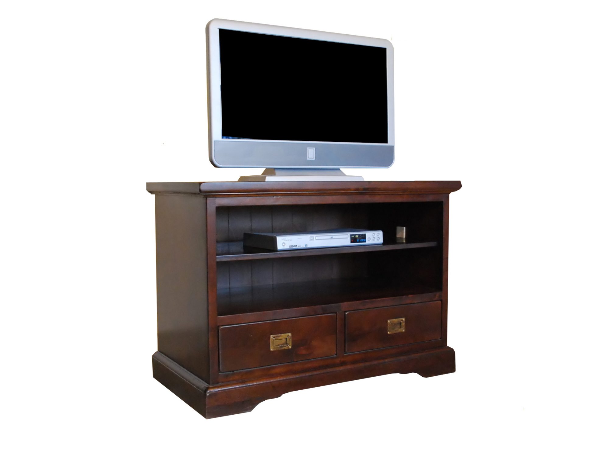 TV-Lowboard LOGAN 100 cm aus Massivholz, zwei Schubladen und Ablagefach, Frontansicht
