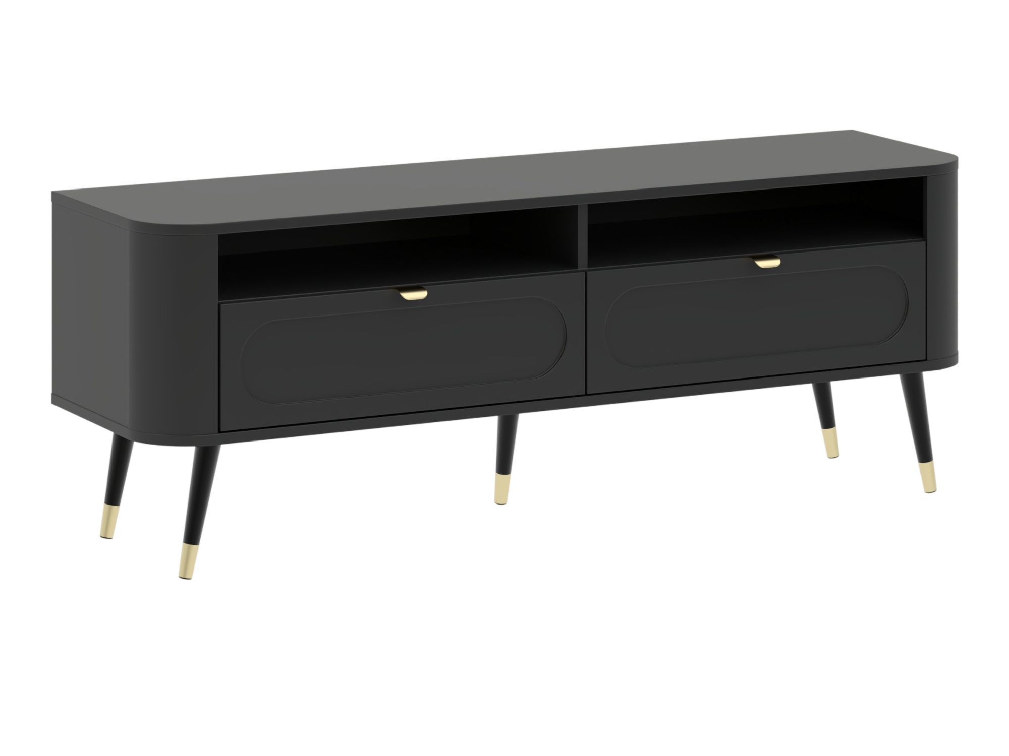 TV-Lowboard Lumaro 138 cm in Schwarz mit zwei Schubladen, offenen Fächern und schlanken Beinen