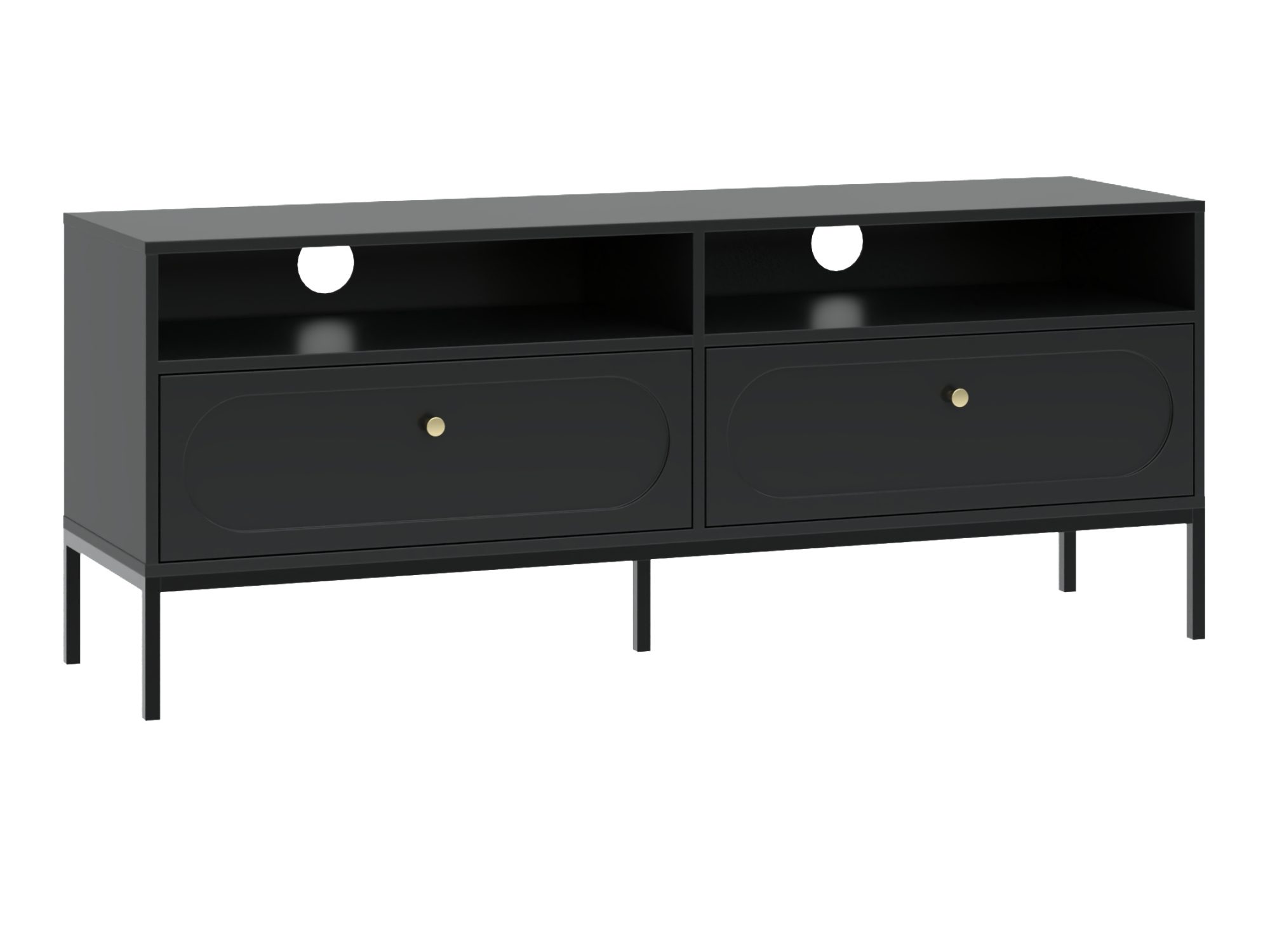 Schwarzes TV-Board Munaro 150 cm mit zwei Schubladen und offenen Fächern vor weißem Hintergrund