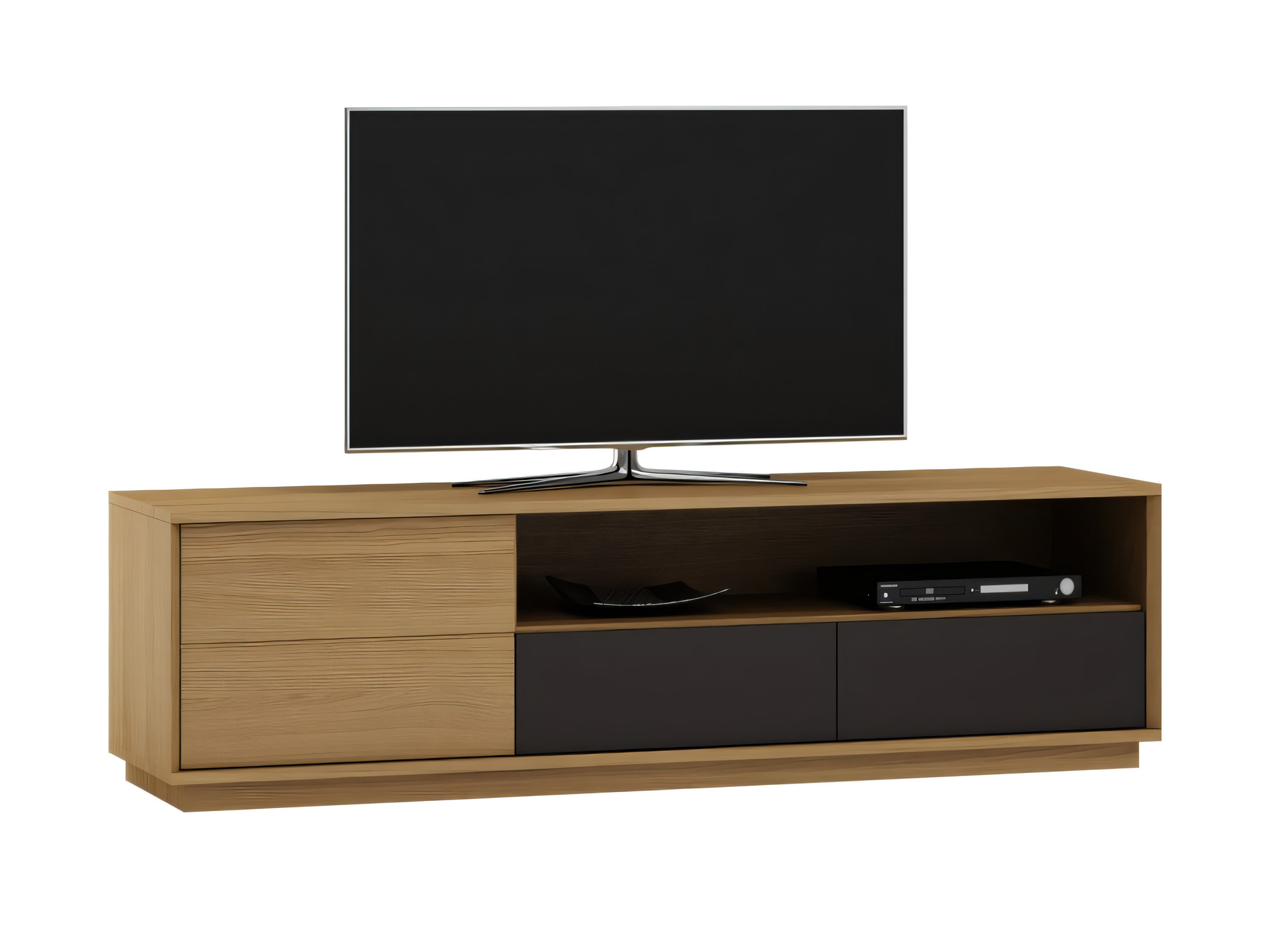 Langes TV-Lowboard Monvello mit Türen, offenem Fach und zwei graphitgrauen Schubladen