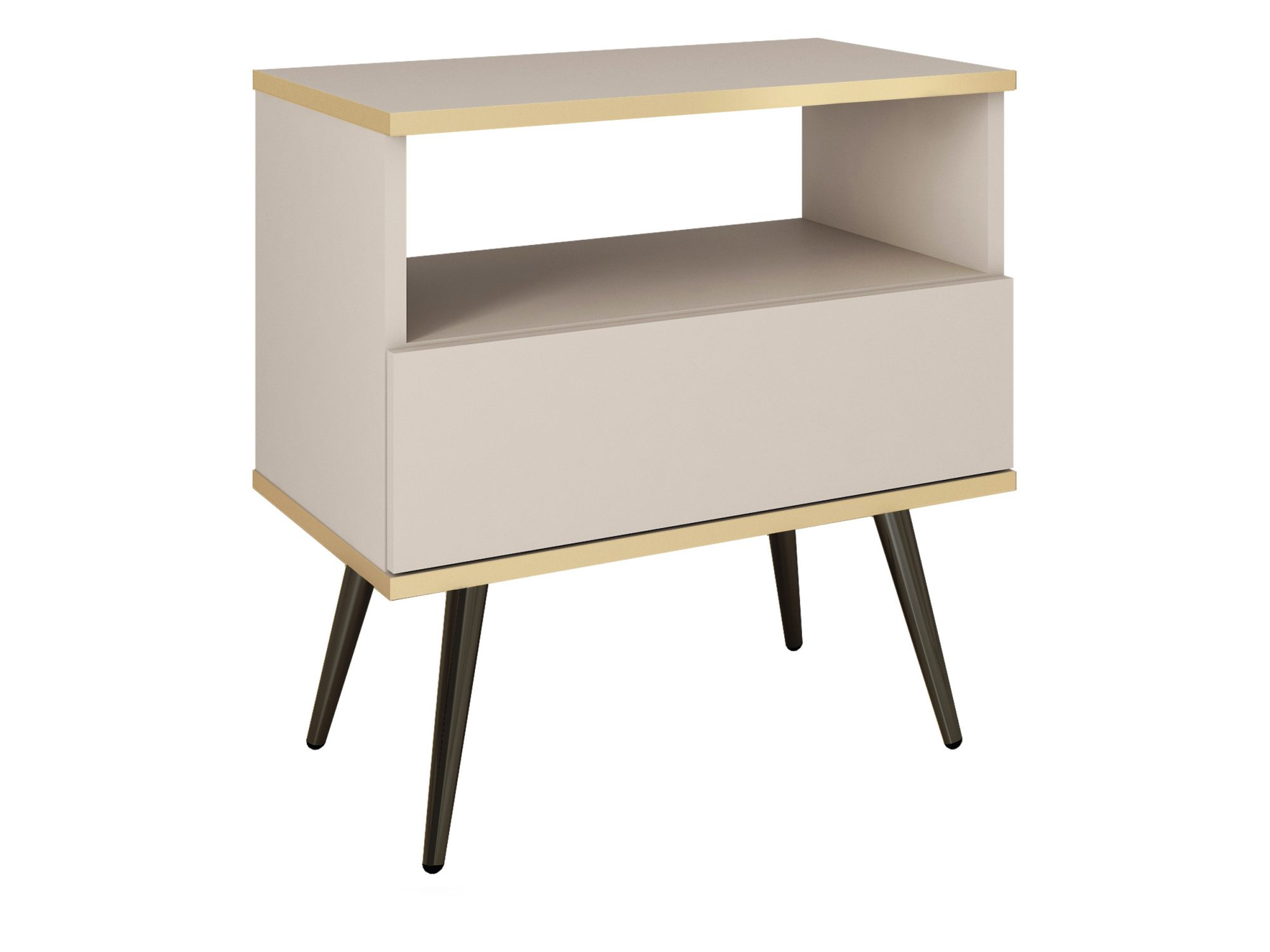 Nachttisch Teyser in Beige mit offenem Fach, Schublade und schwarzen Beinen