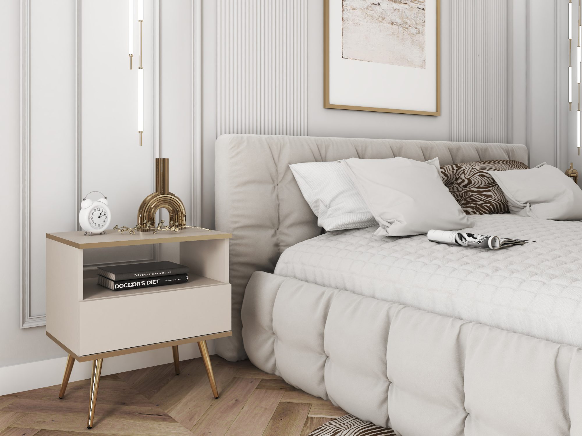 Beiger Nachttisch Teyser mit goldenen Beinen im Schlafzimmer-Arrangement
