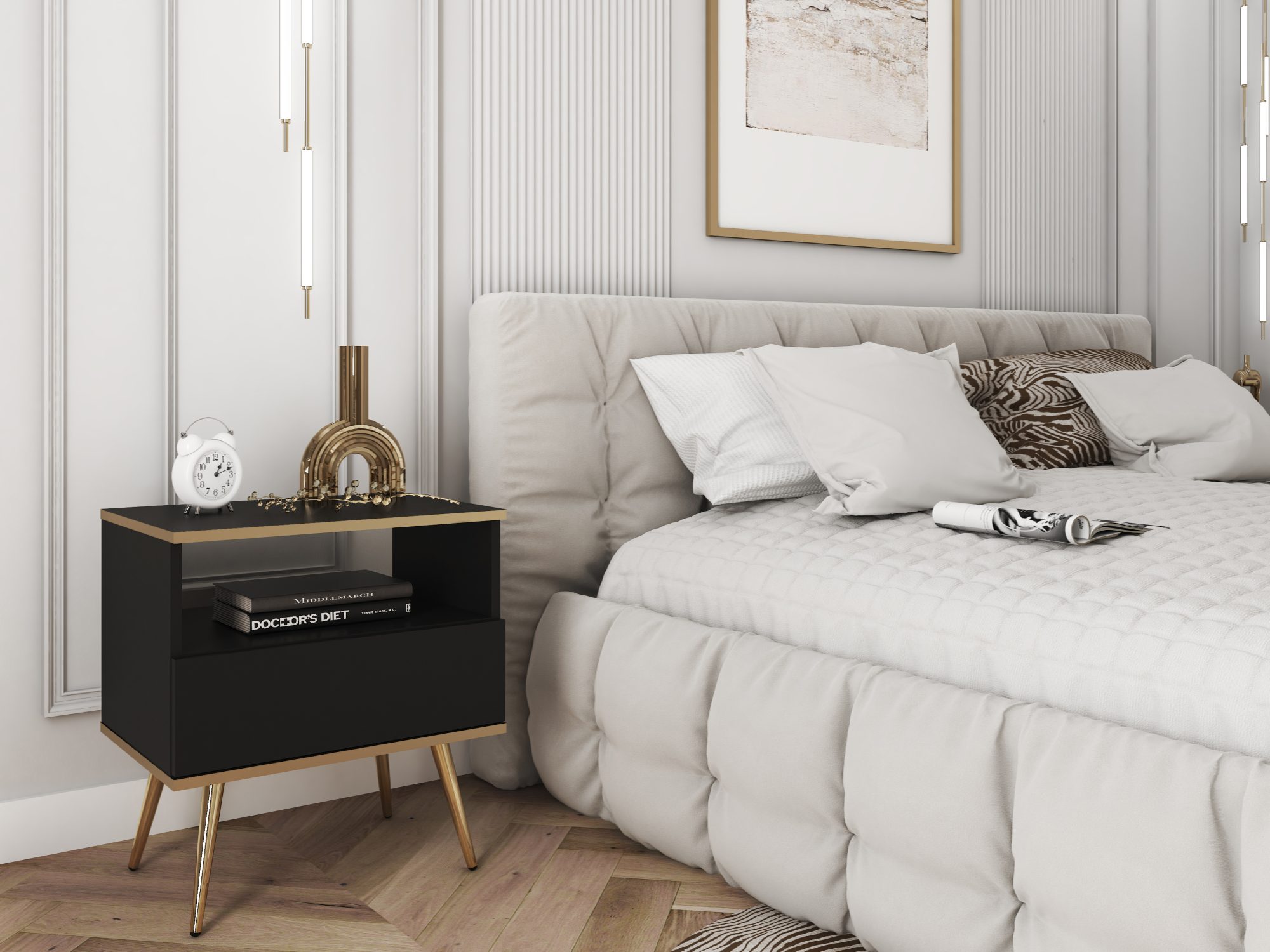 Schwarzer Nachttisch Teyser mit goldenen Beinen im Schlafzimmer-Arrangement