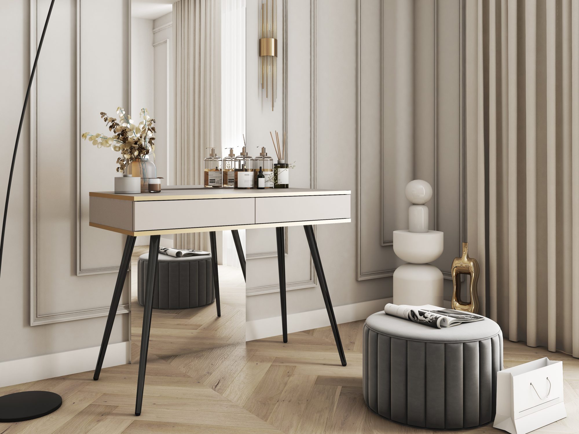 Schminktisch Teyser in Beige mit schwarzen Beinen im Schlafzimmer-Arrangement