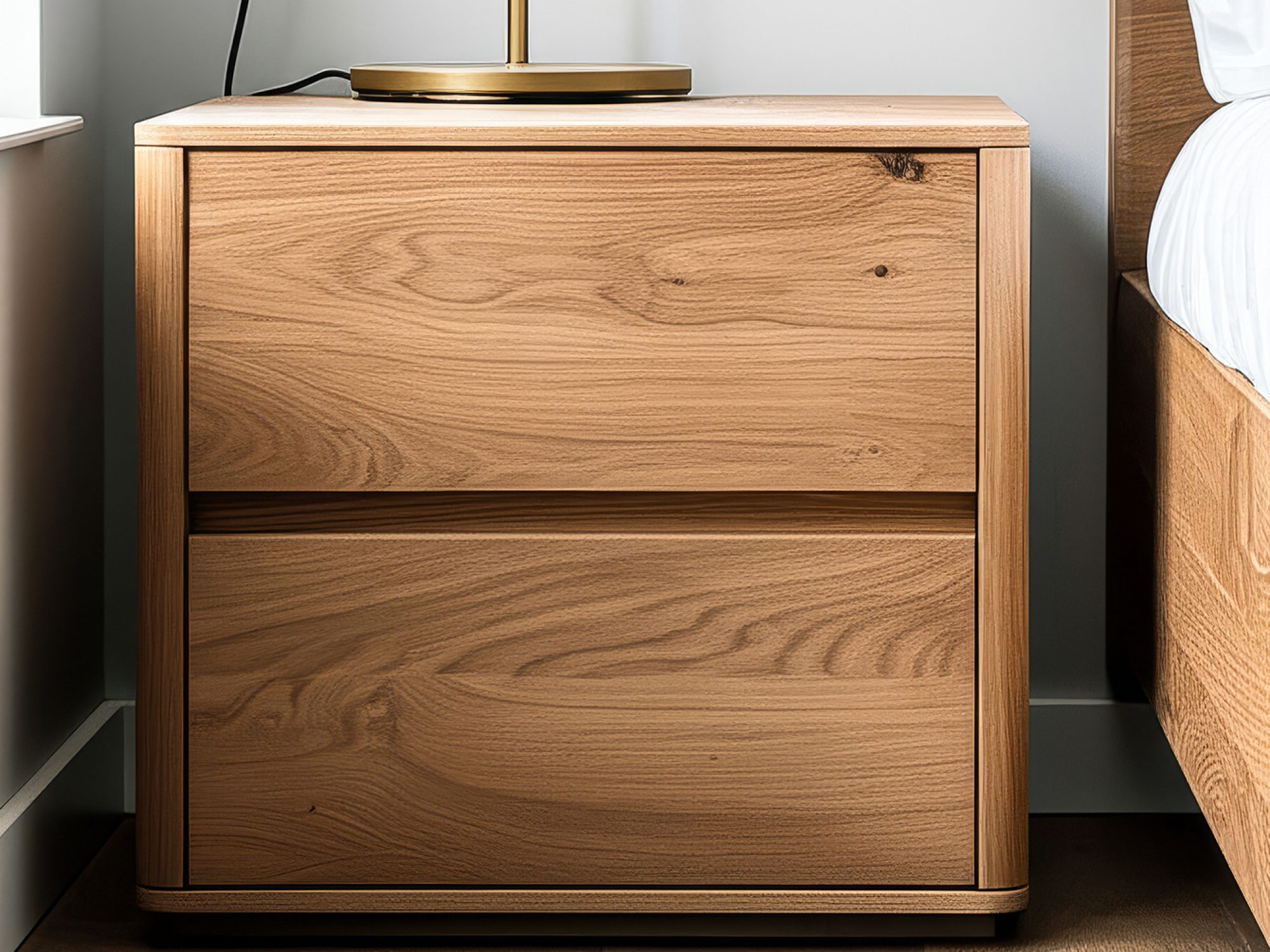 Nachttisch Vandora 2L mit Lampe neben dem Bett – Schlafzimmer-Arrangement