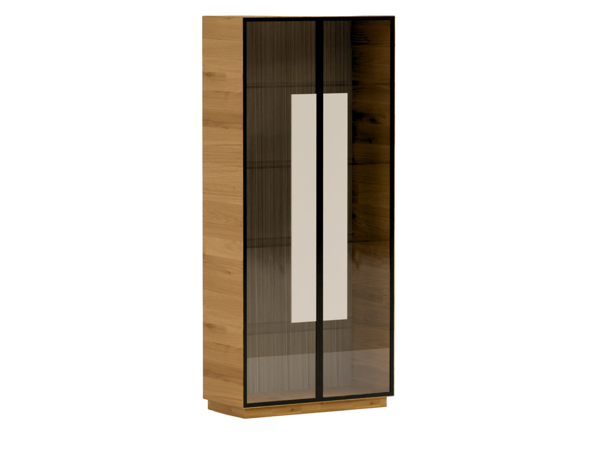 Vitrine Belmario 87 cm in Eiche, Kaschmir und Glas vor weißem Hintergrund