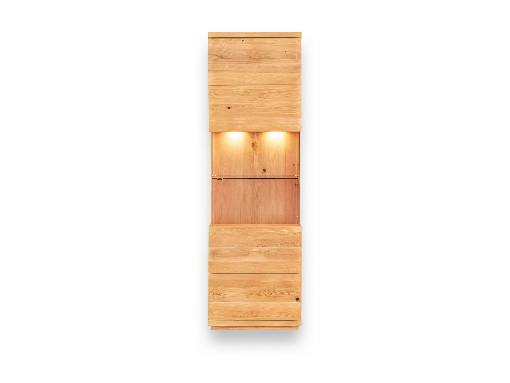 Eichenvitrine Corvena 60 cm mit LED-Beleuchtung – Frontansicht auf weißem Hintergrund