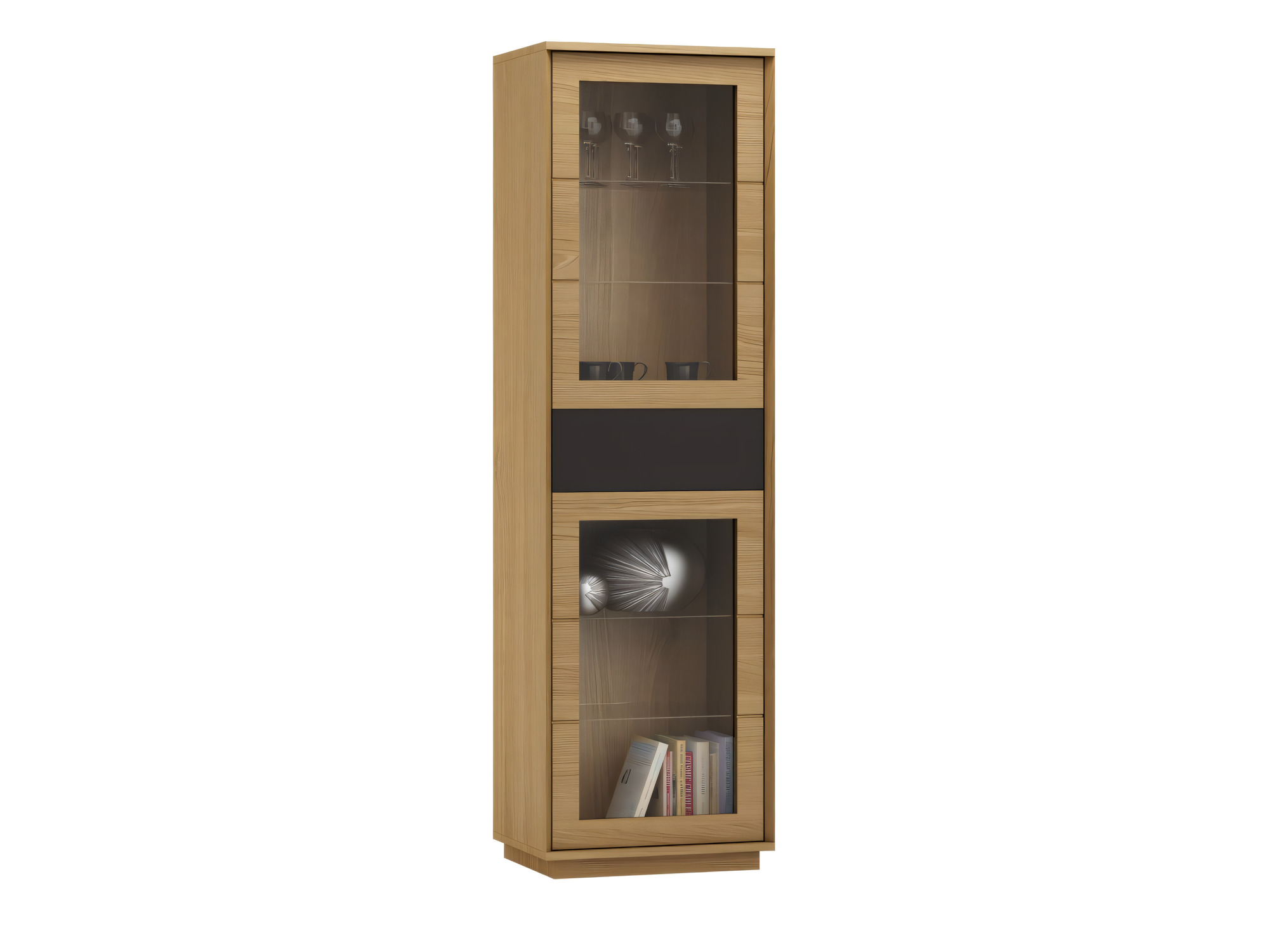 Schmale Vitrine Monvello mit Glastüren und graphitgrauer Schublade in hellem Furnier