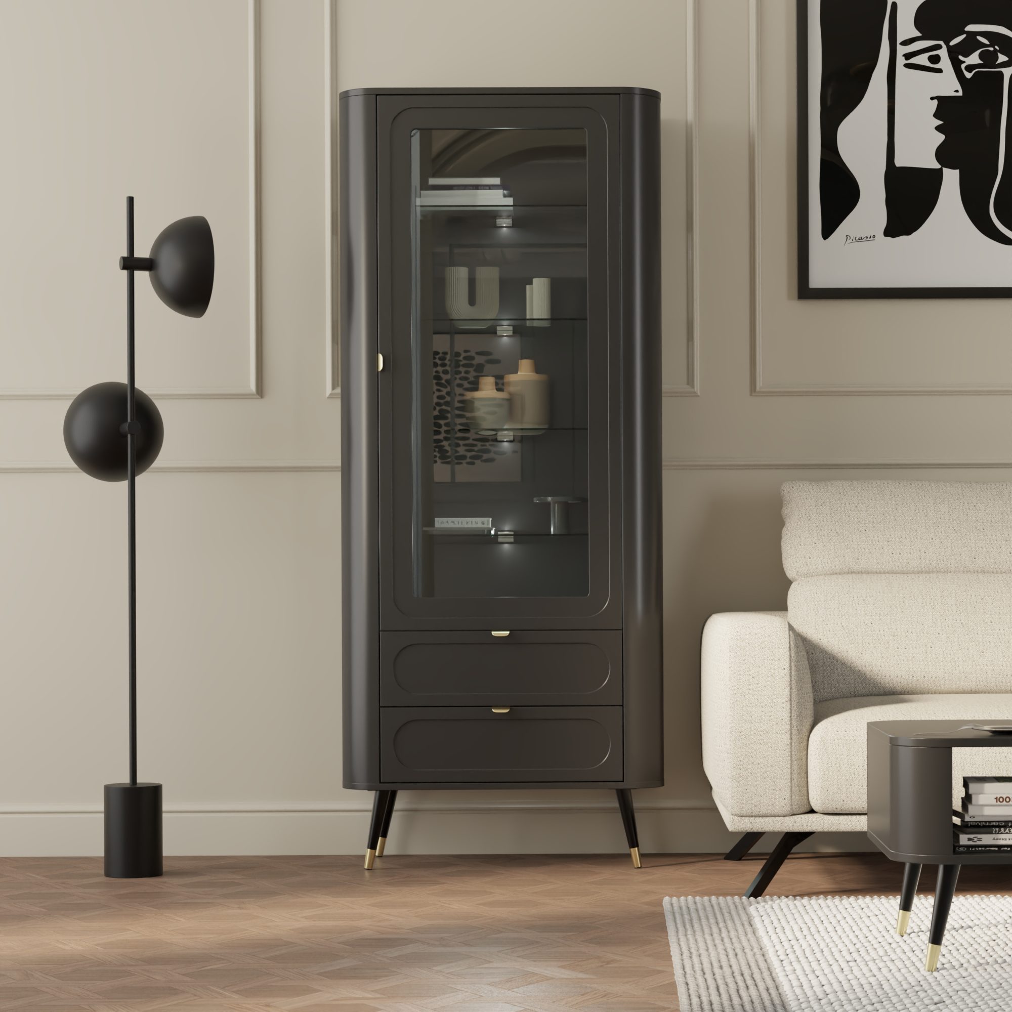 Schwarze Vitrine Lumaro 78 cm mit zwei Schubladen platziert neben dem Sofa