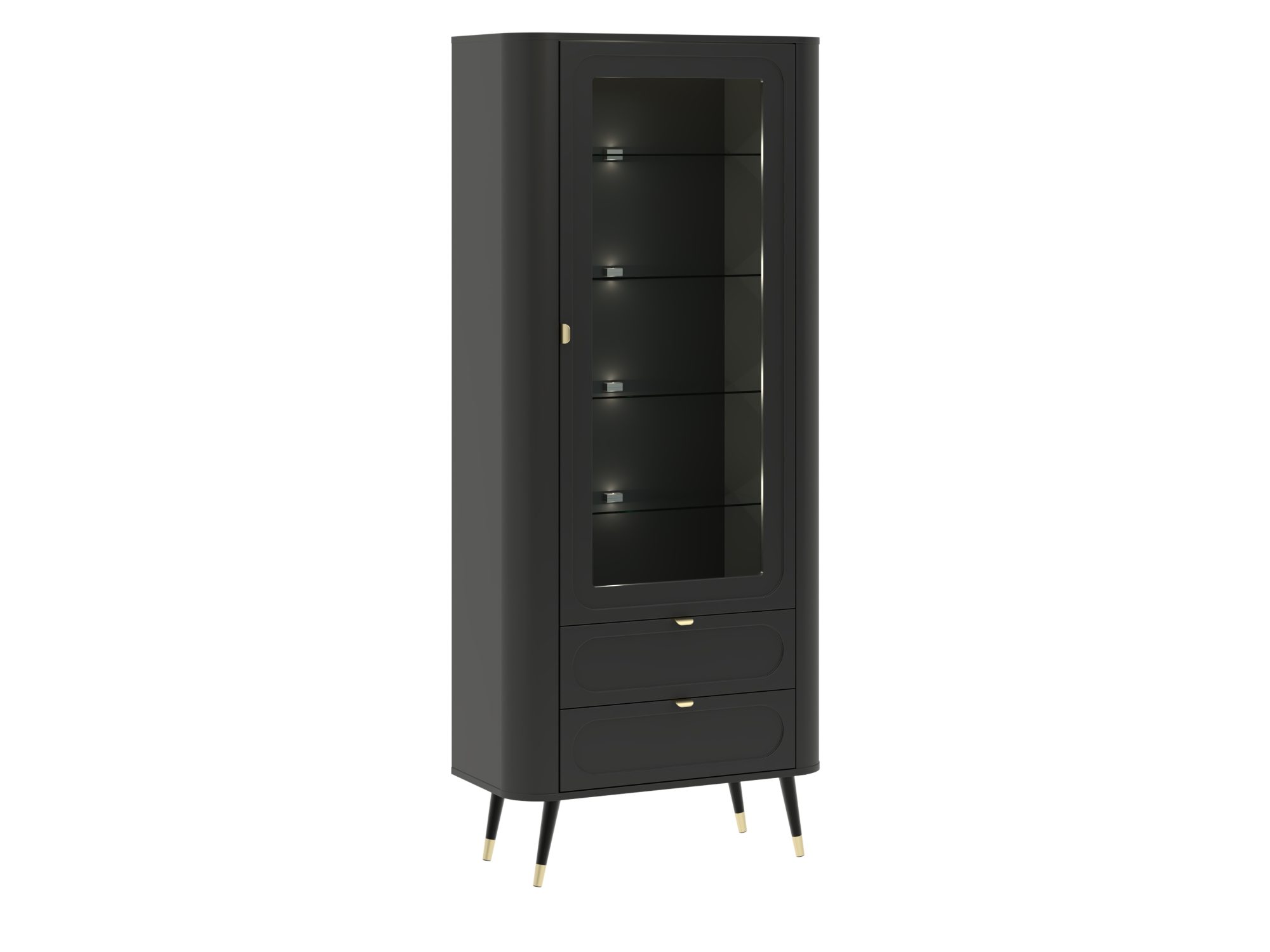 Schwarze Vitrine Lumaro 78 cm mit einer Glastür, vier Einlegeböden und zwei Schubladen