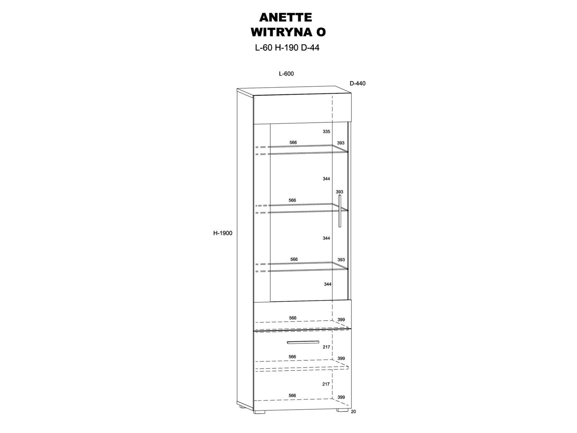 Witryna Nimet D rysunek wymiarów 60 na 190 cm