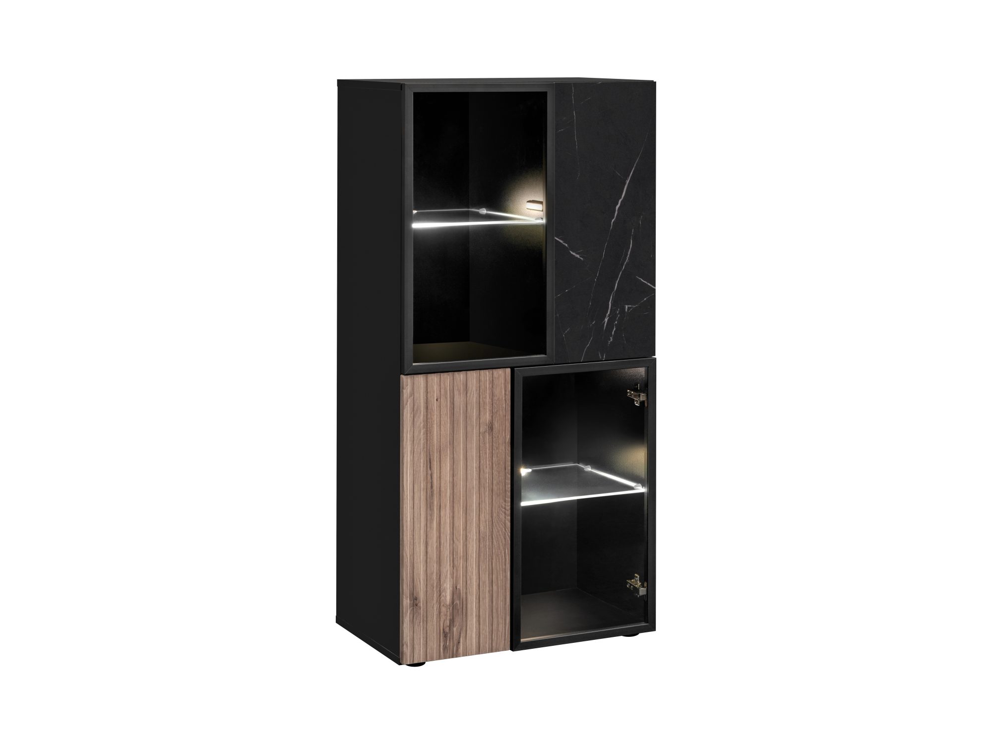 Niedrige Vitrine mit LED Edorino 60 cm Eiche Vicking schwarzer Marmor