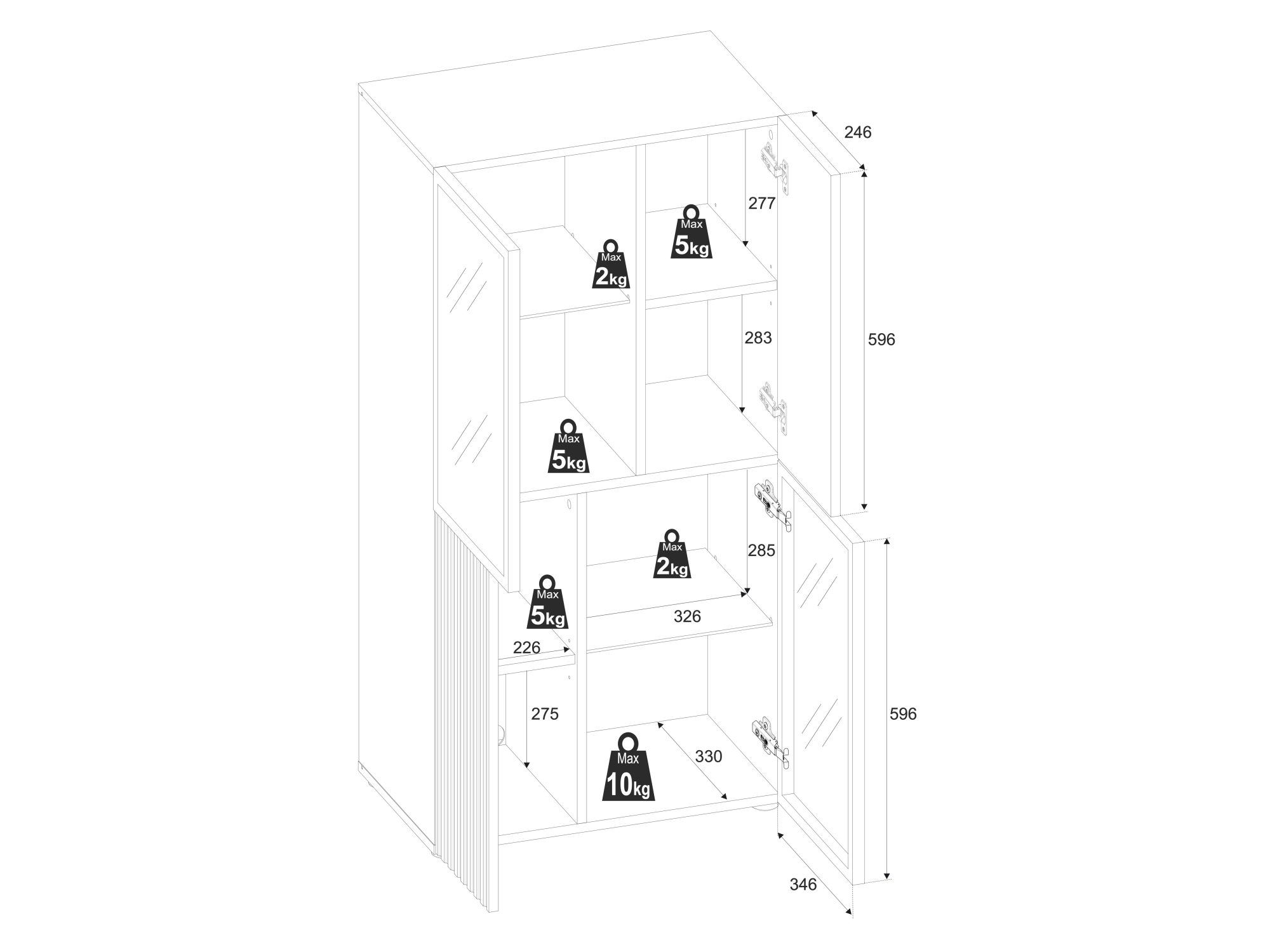 Niedrige Vitrine Edorino – Innenaufteilung und Einlegeböden