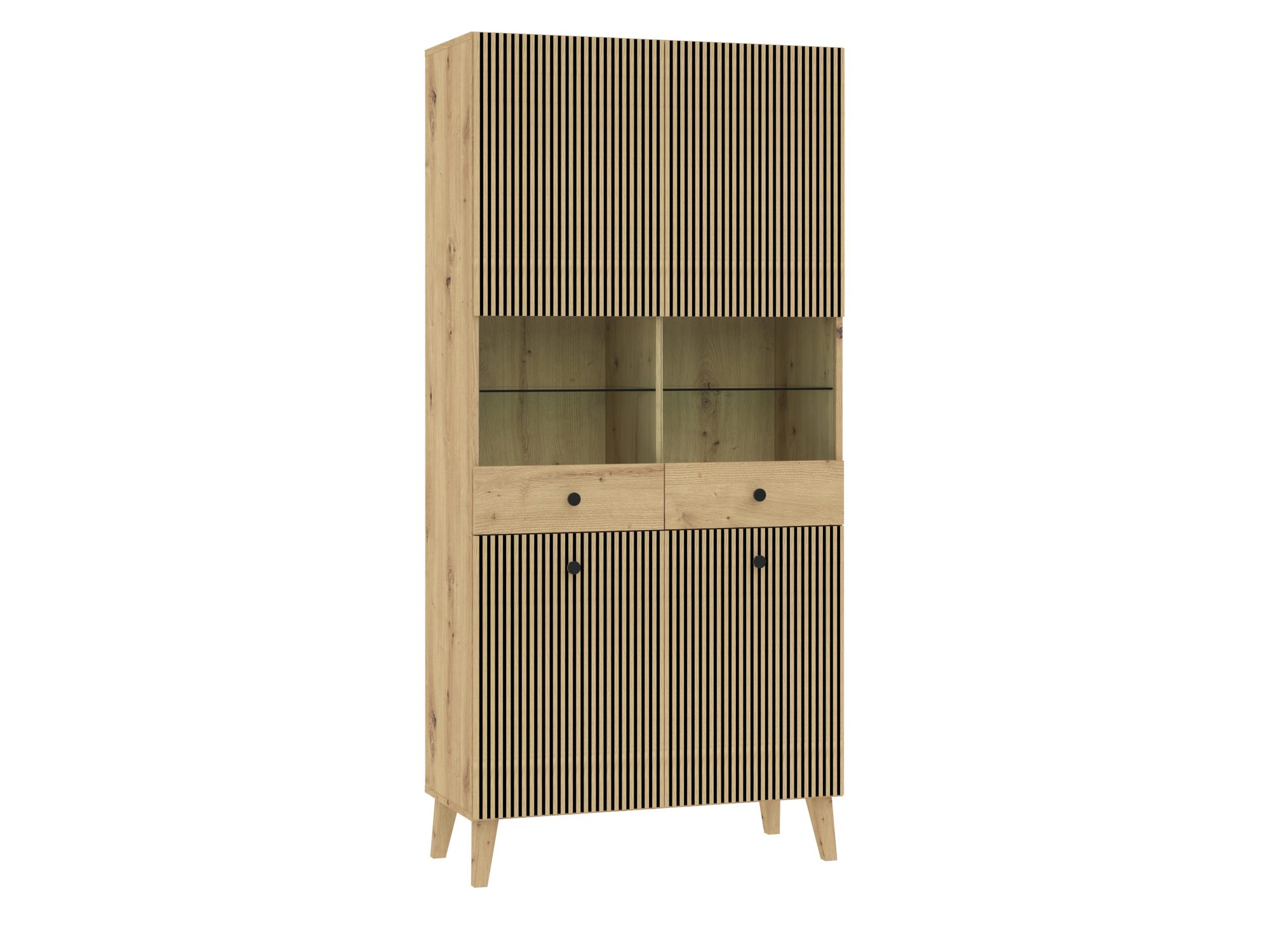 Vitrine Norvello 91 cm in Artisan Eiche und Schwarz mit geriffelten Fronten und Glaselement
