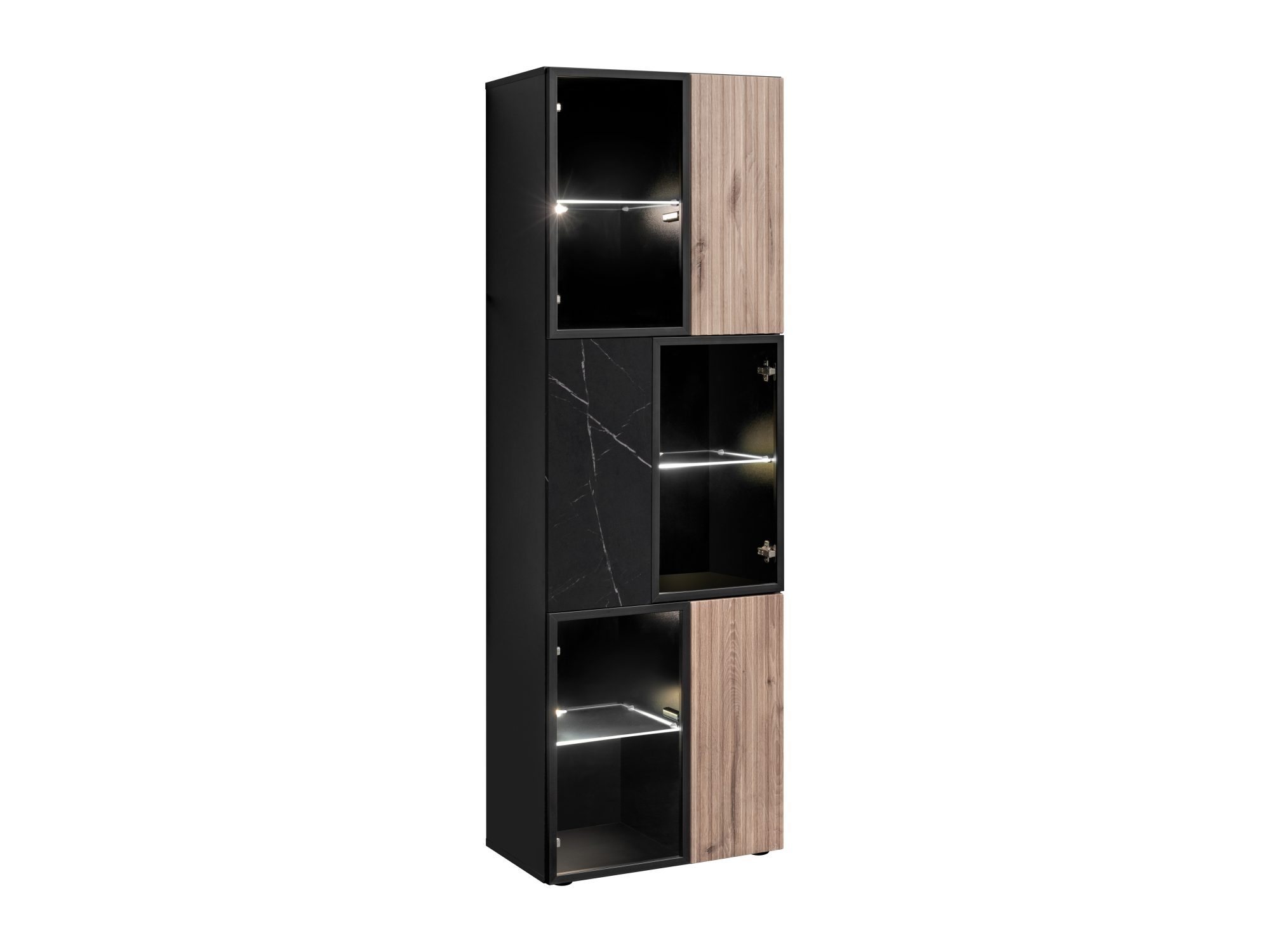 Hohe Vitrine mit LED Edorino 60 cm Vicking Eiche schwarzer Marmor