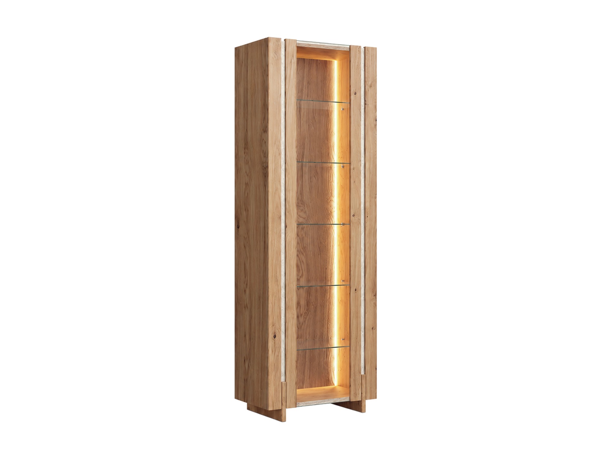 Hohe Vitrine Traverio 206 cm aus Natureiche mit Travertin und LED – Produktfoto auf weißem Hintergrund