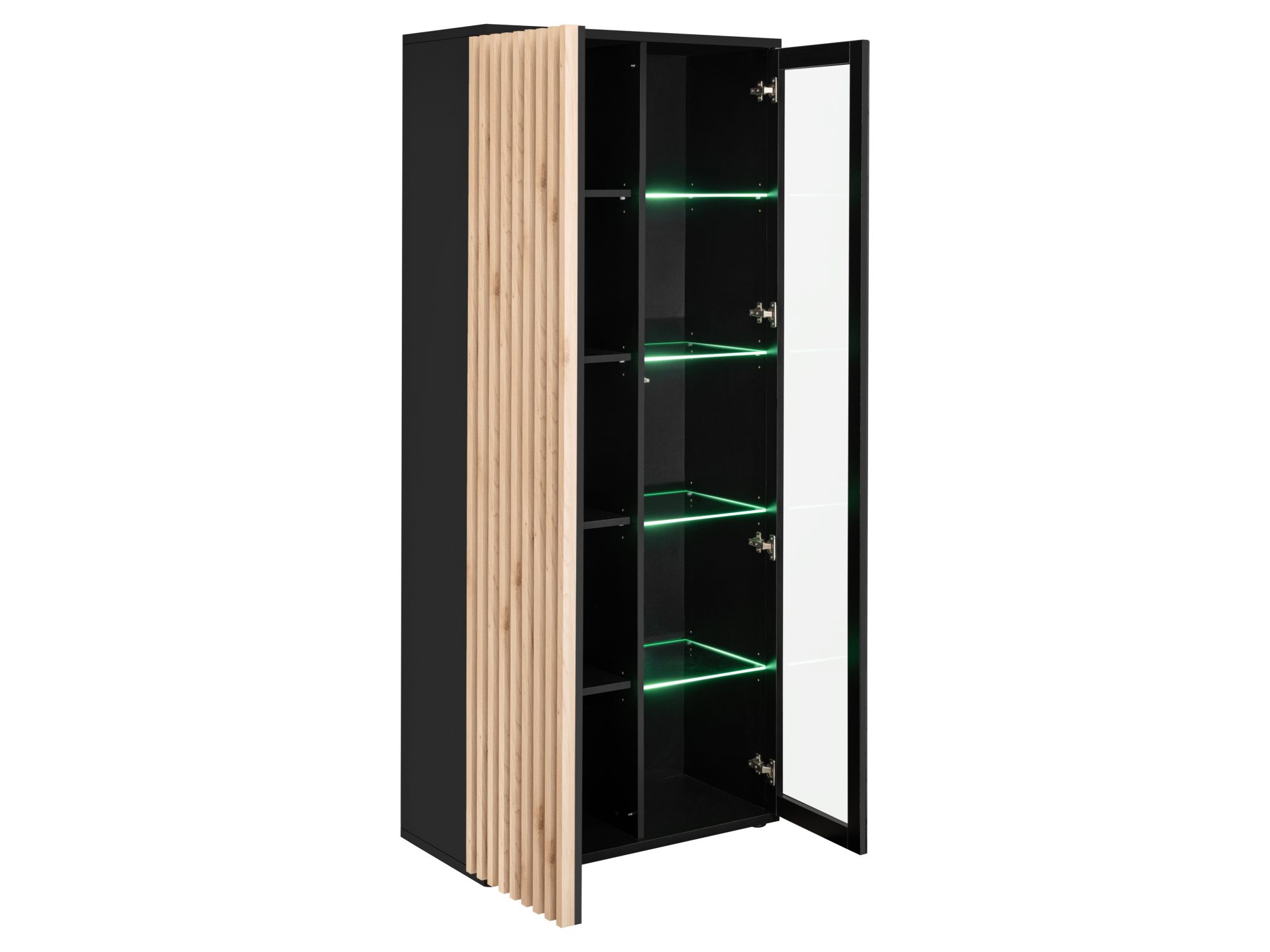 Hohe Vitrine Bravento mit geöffneten Türen und Einlegeböden