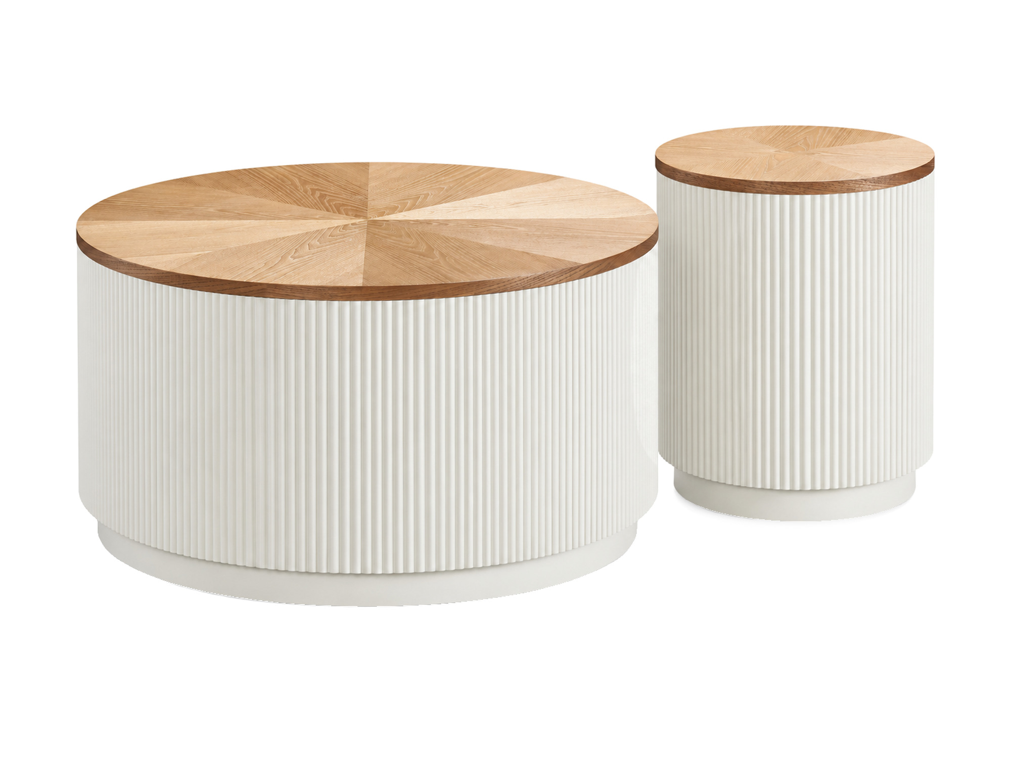 Couchtisch-Set Eleganza 80 und 40 cm, gerillter Korpus in Ecru und Ulmenplatte – auf weißem Hintergrund