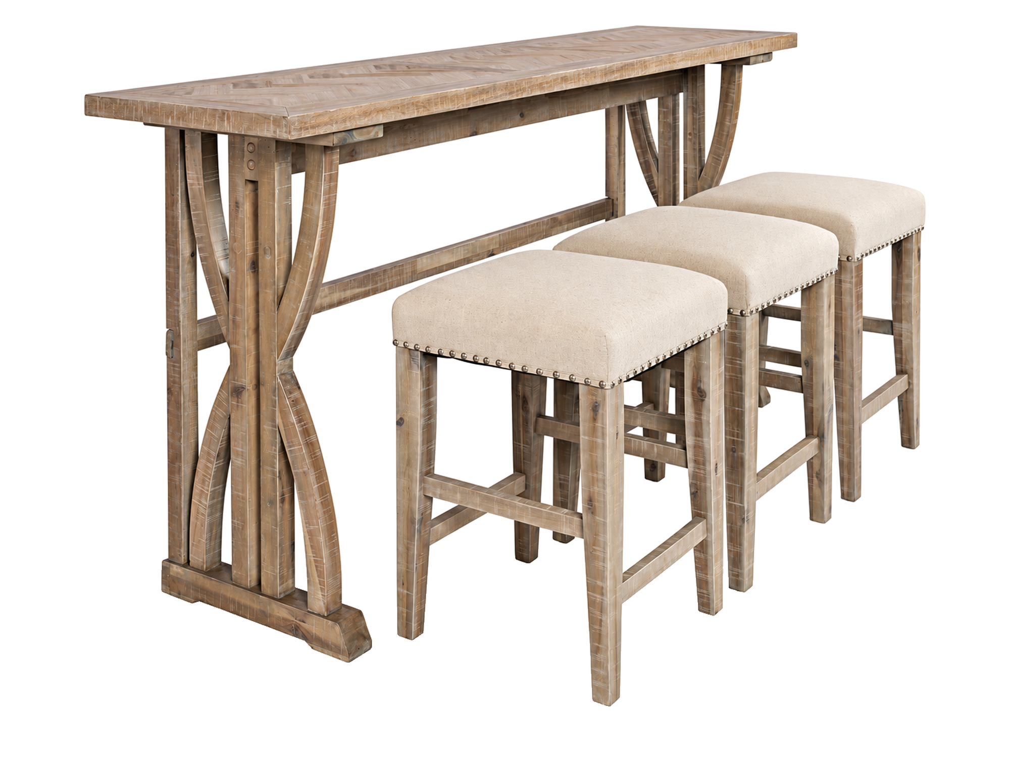 Bar-Set Avola aus hellem Holz mit beigen Barhockern, Gesamtansicht